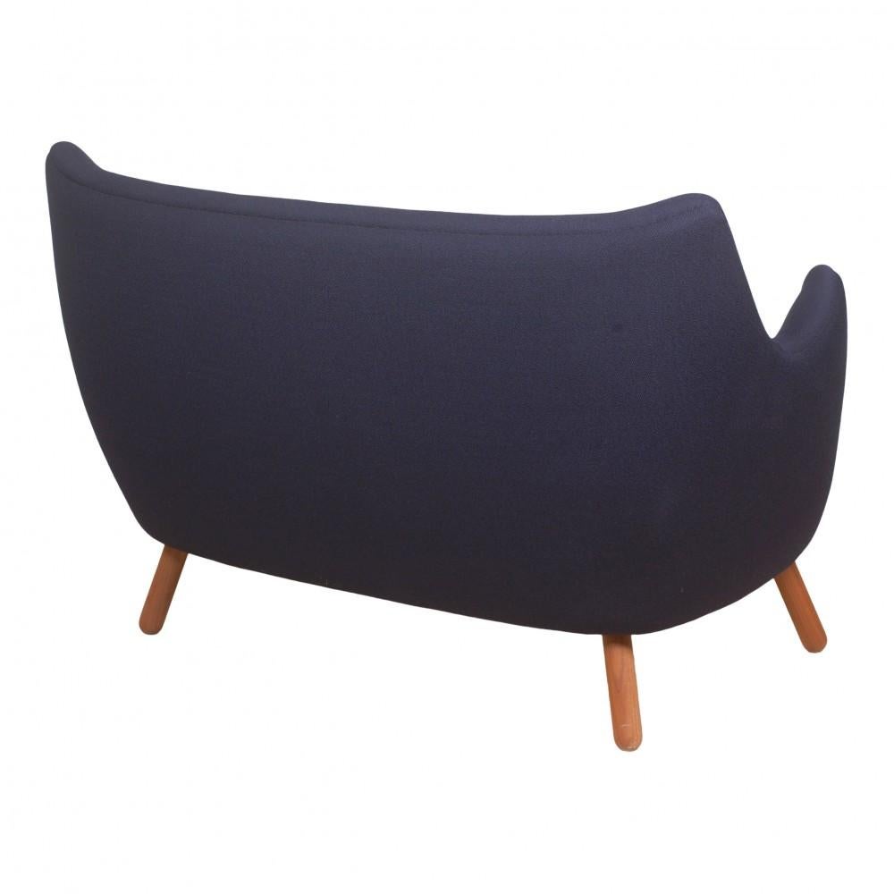Danish Finn Juhl Poeten 2 Pers Sofa with Blue Fabric and Orange Seat Cushion For Sale