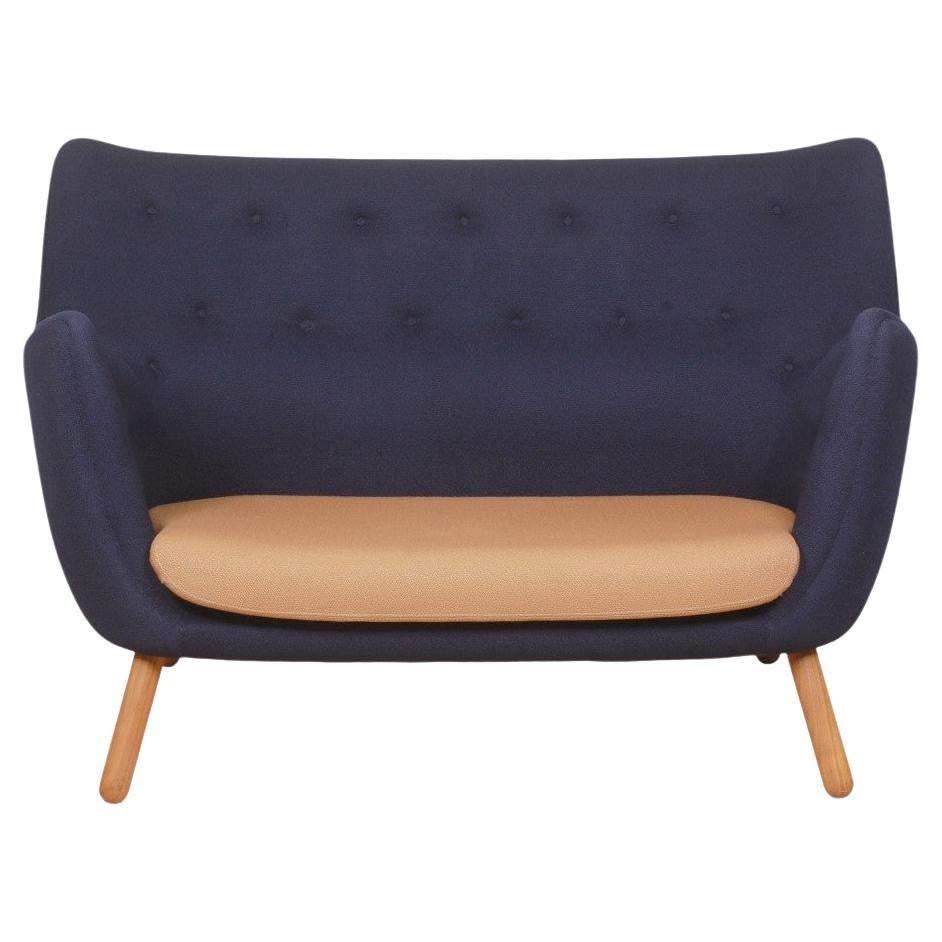 Finn Juhl Poeten 2 Pers Sofa with Blue Fabric and Orange Seat Cushion