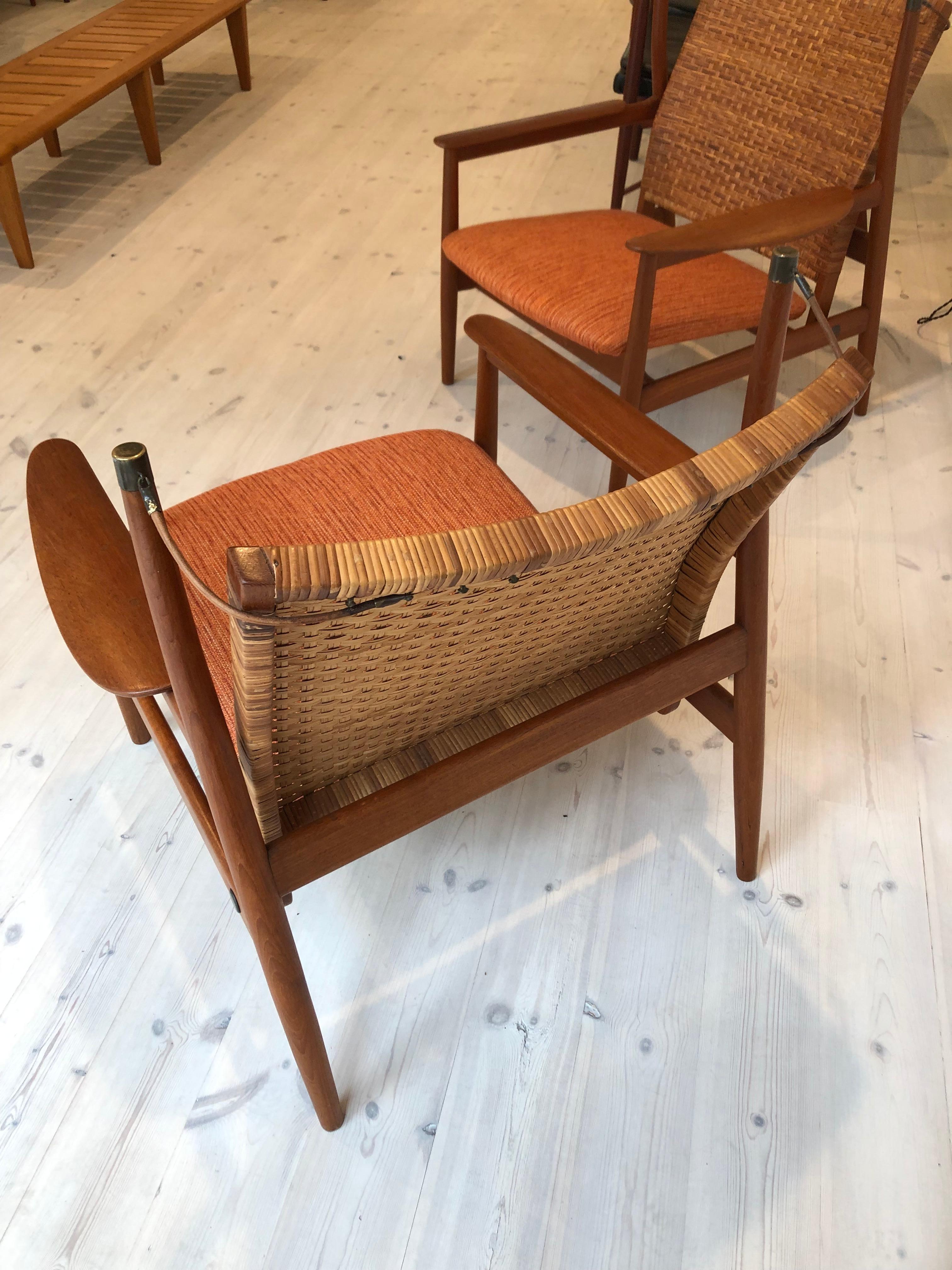 Finn Juhl Rare Pair of NV55 Armchairs in Teak and Cane for Niels Vodder, 1955 4