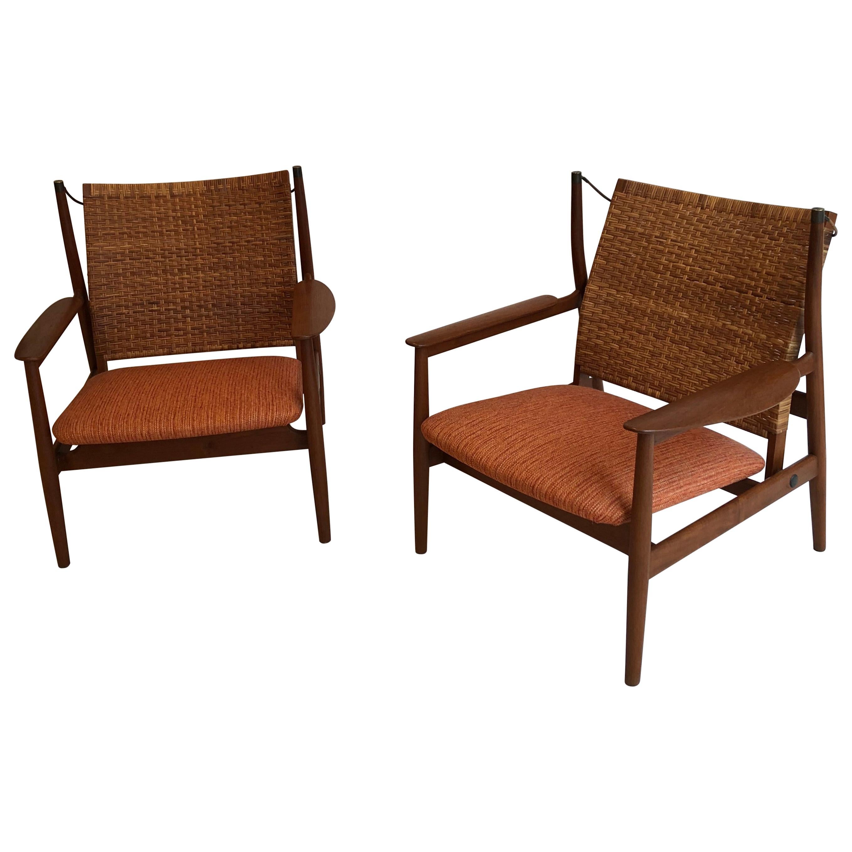Finn Juhl Rare Pair of NV55 Armchairs in Teak and Cane for Niels Vodder, 1955