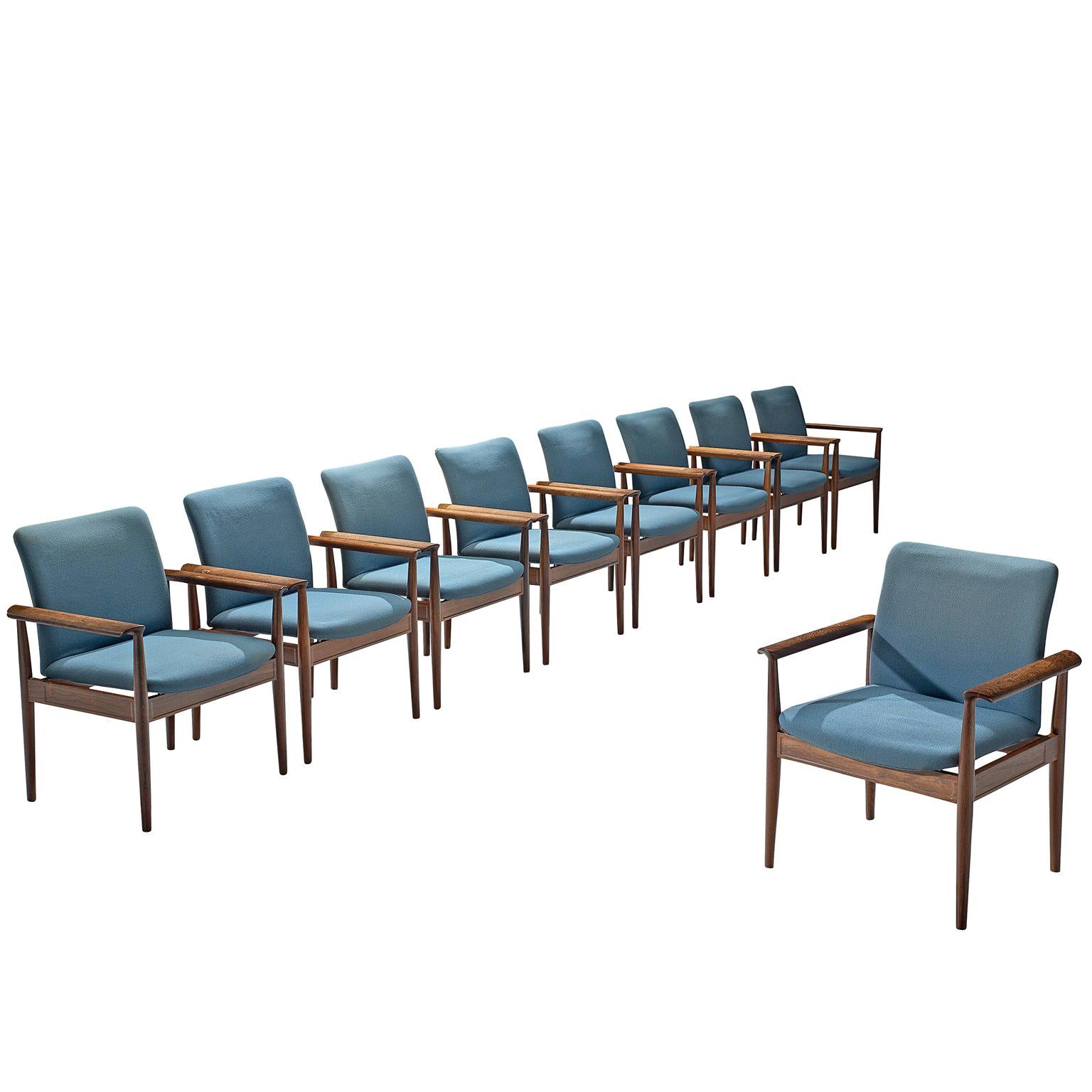 Finn Juhl Set of Diplomat Armchairs in Rosewood and Blue Fabric