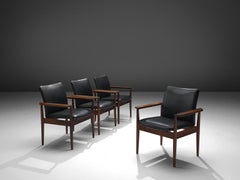 Finn Juhl Set of Diplomat Chairs in Rosewood and Black Leather