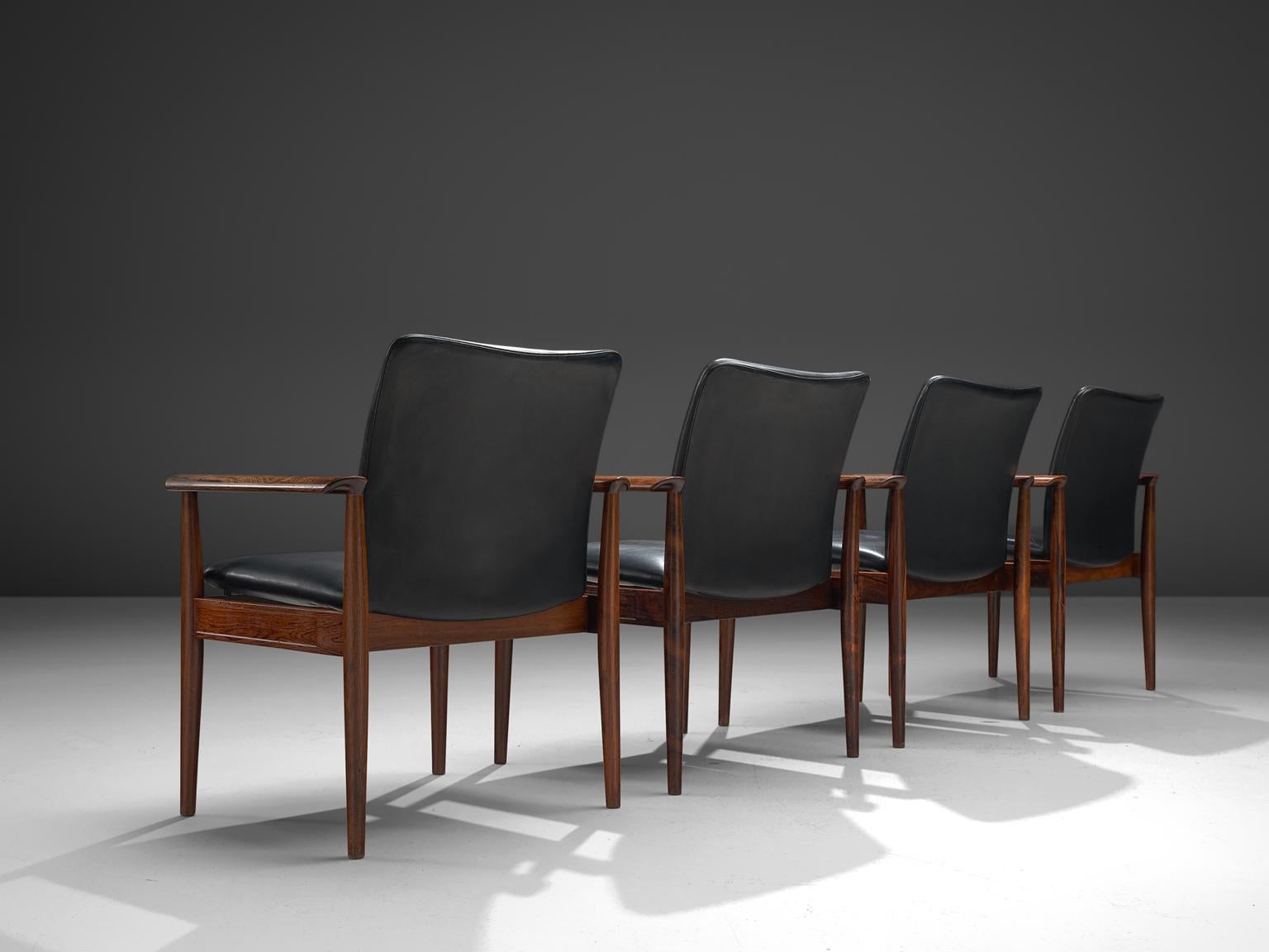 Mid-Century Modern Finn Juhl Set of Diplomat Chairs in Rosewood and Black Leather