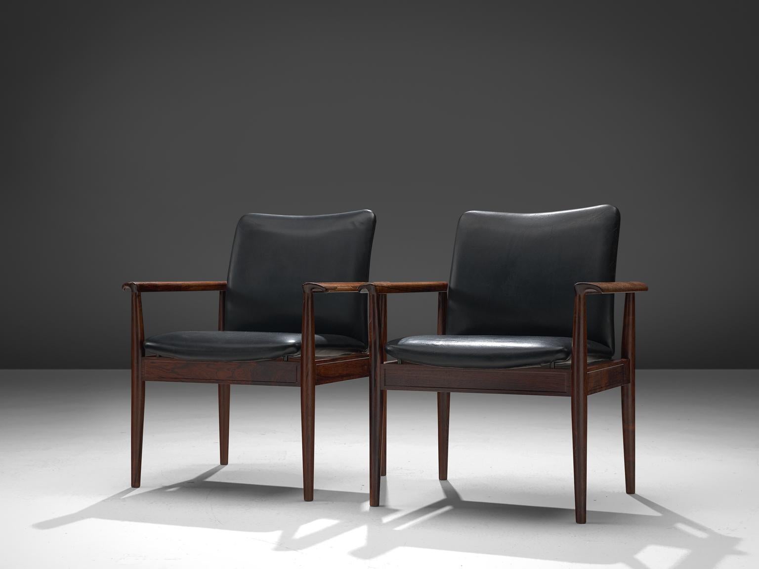 Danish Finn Juhl Set of Diplomat Chairs in Rosewood and Black Leather