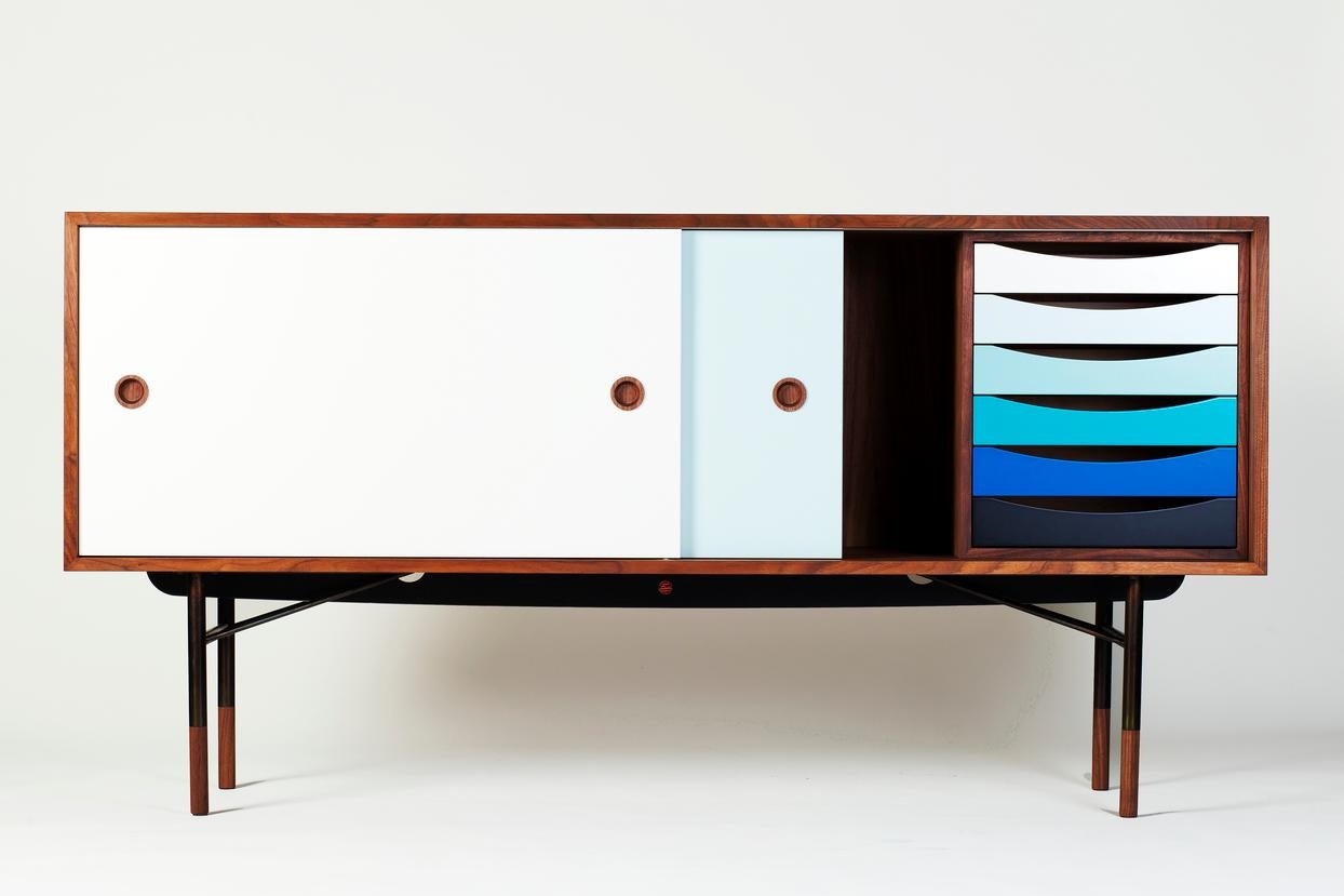 Scandinavian Modern Finn Juhl Sideboard in Wood and Cold Colors Whit Unit Tray