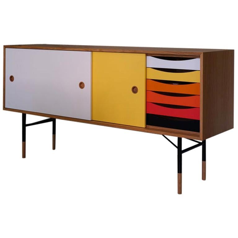 Danish Finn Juhl Sideboard in Wood and Warm Colors with a Tray Unit