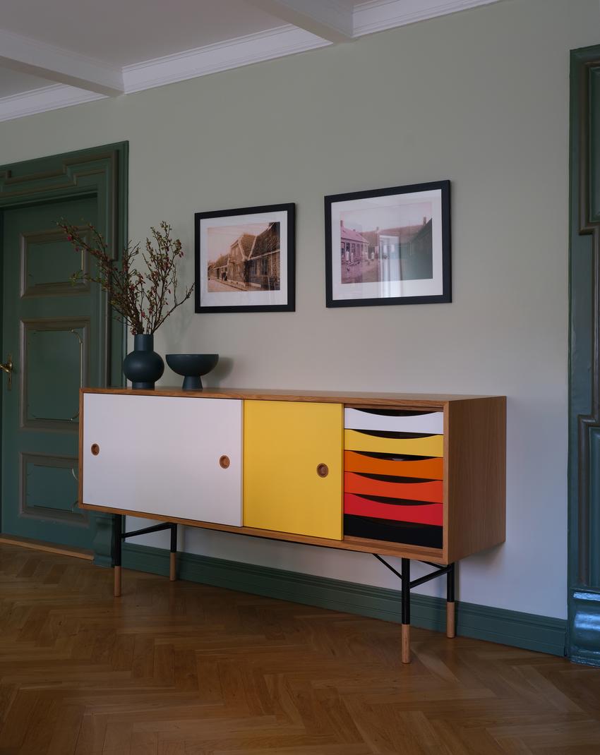 Danish Finn Juhl Sideboard in Wood and Warm Colors with a Tray Unit