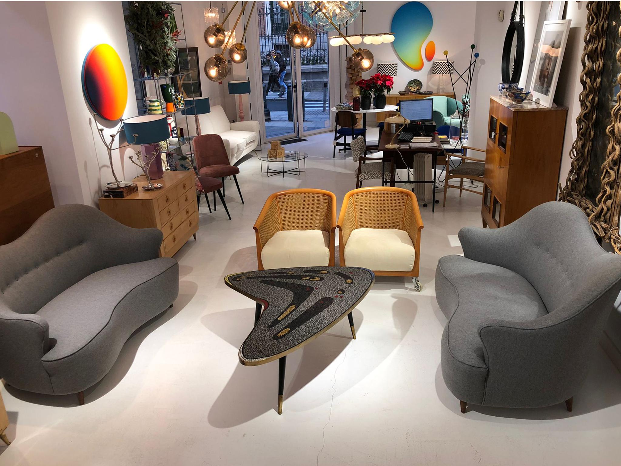 Finn Juhl Attributed Grey Wool Felt Pair of Two Seat Sofas, Italy, 1950 3