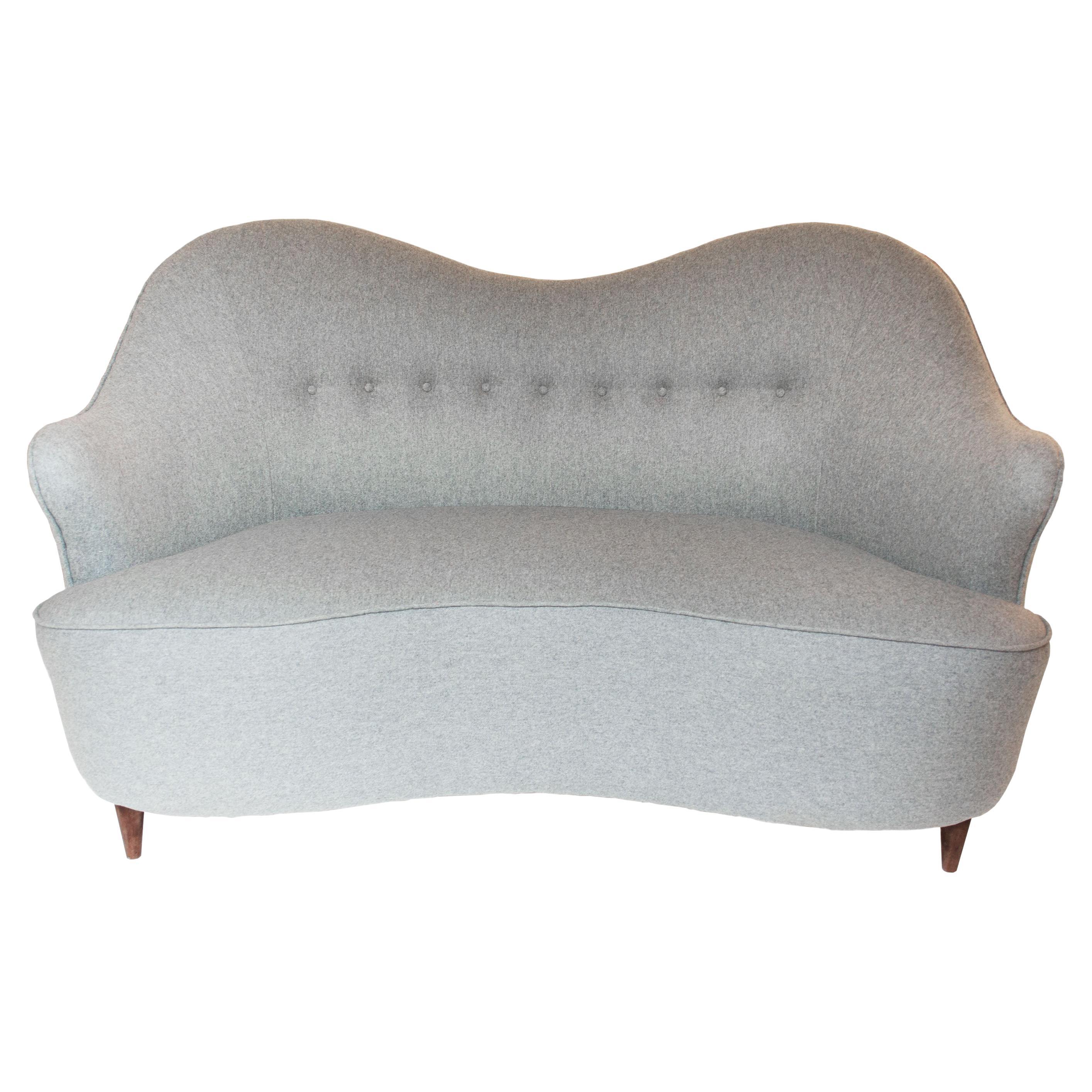 Finn Juhl Style Grey Wool Felt Two Seat Sofa, Italy, 1950