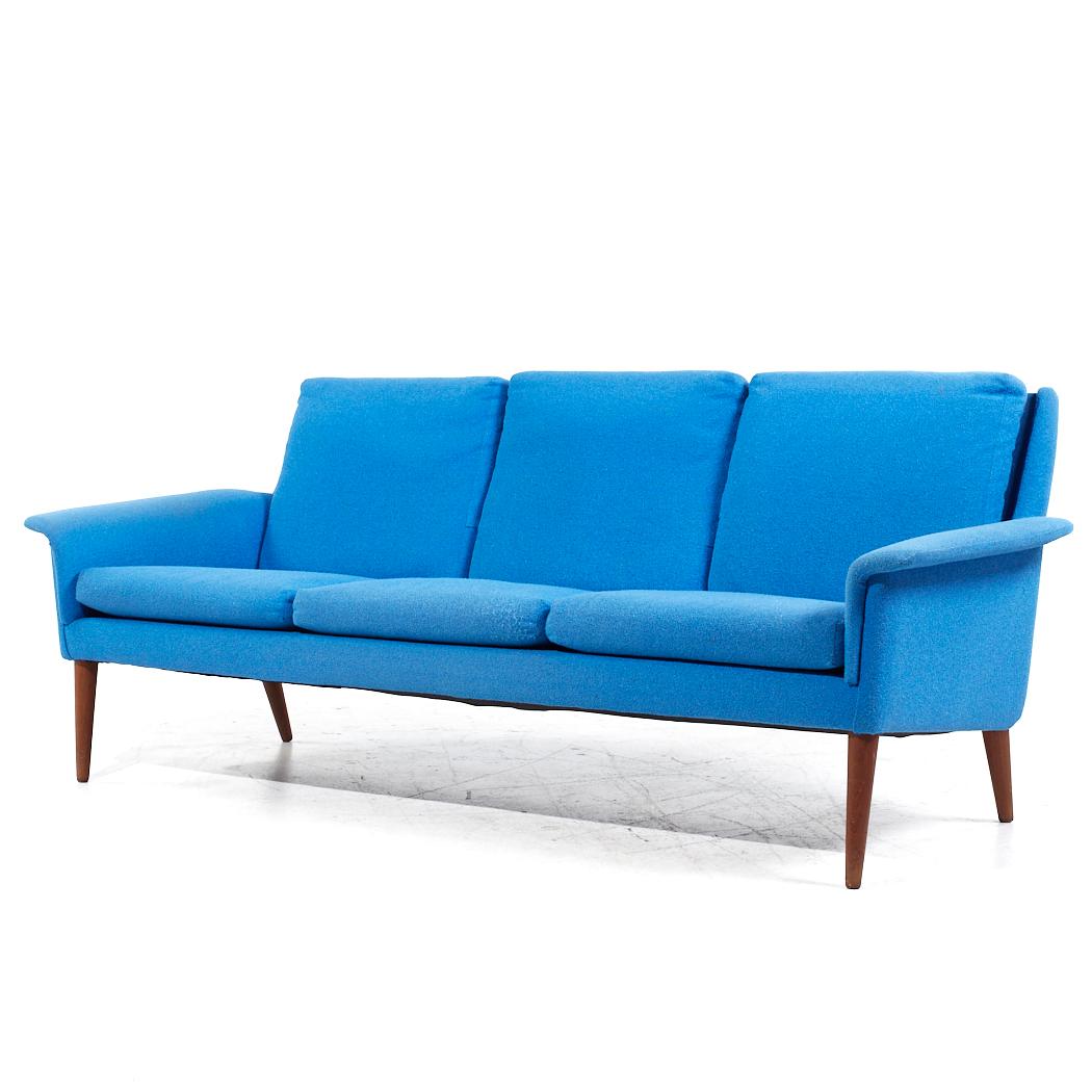 Mid-Century Modern Finn Juhl Style Mid Century Danish Teak Blue Sofa For Sale