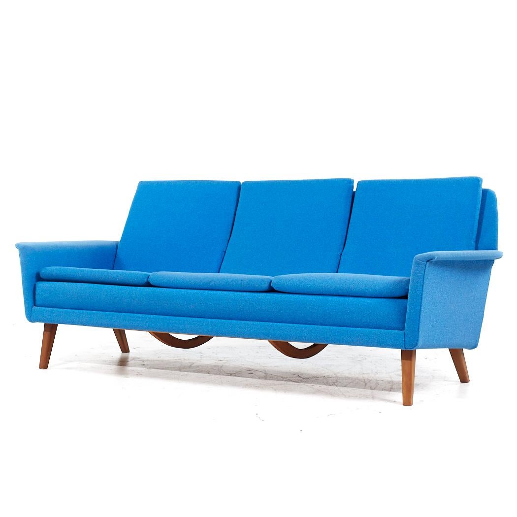 Mid-Century Modern Finn Juhl Style Mid Century Danish Teak Blue Sofa For Sale
