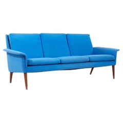 Vintage Finn Juhl Style Mid Century Danish Teak Blue Sofa