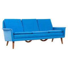 Vintage Finn Juhl Style Mid Century Danish Teak Blue Sofa