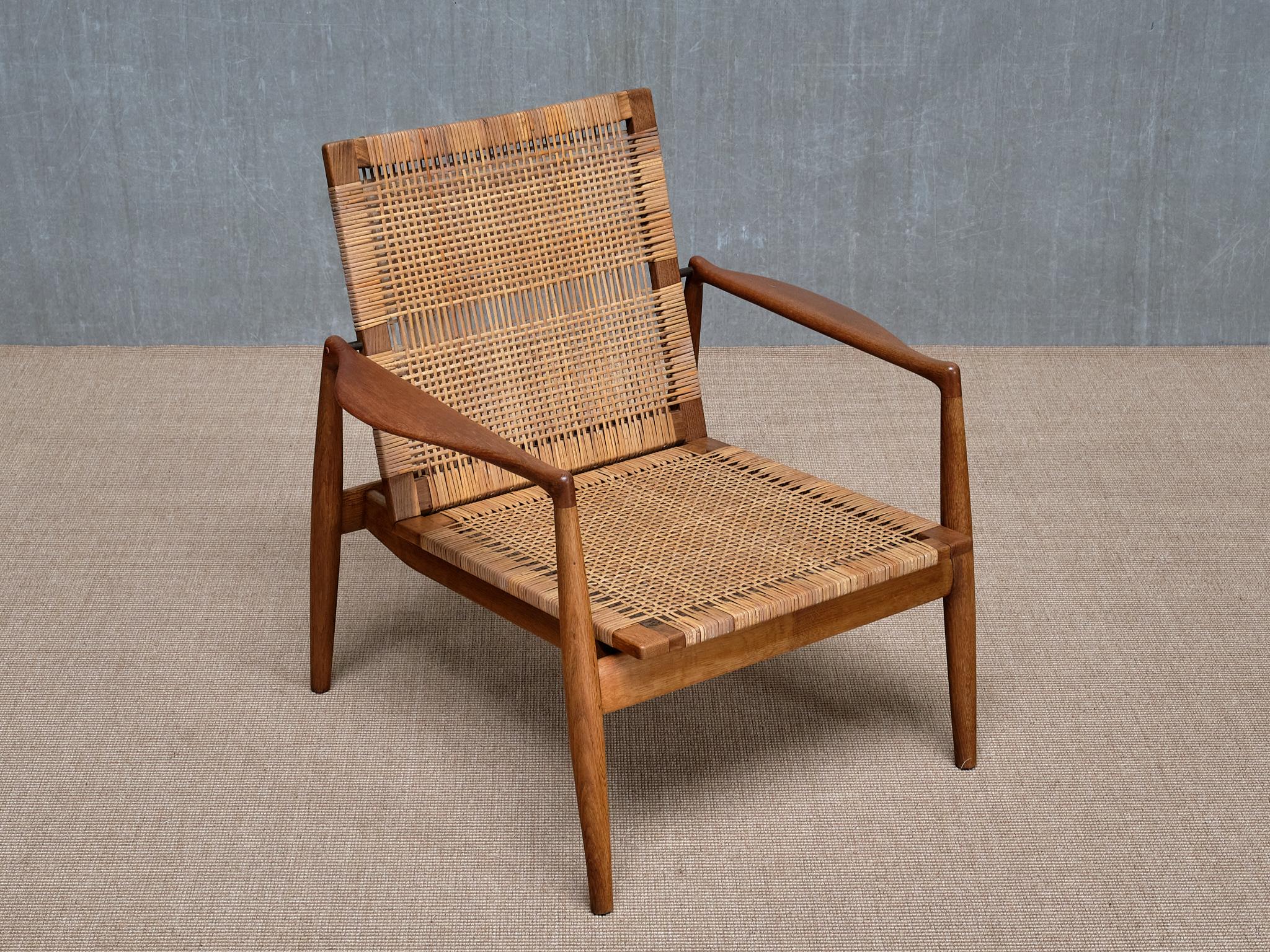 Scandinavian Modern Finn Juhl SW 96 Armchair in Teak, Oak and Cane, Søren Willadsen, Denmark, 1956 For Sale