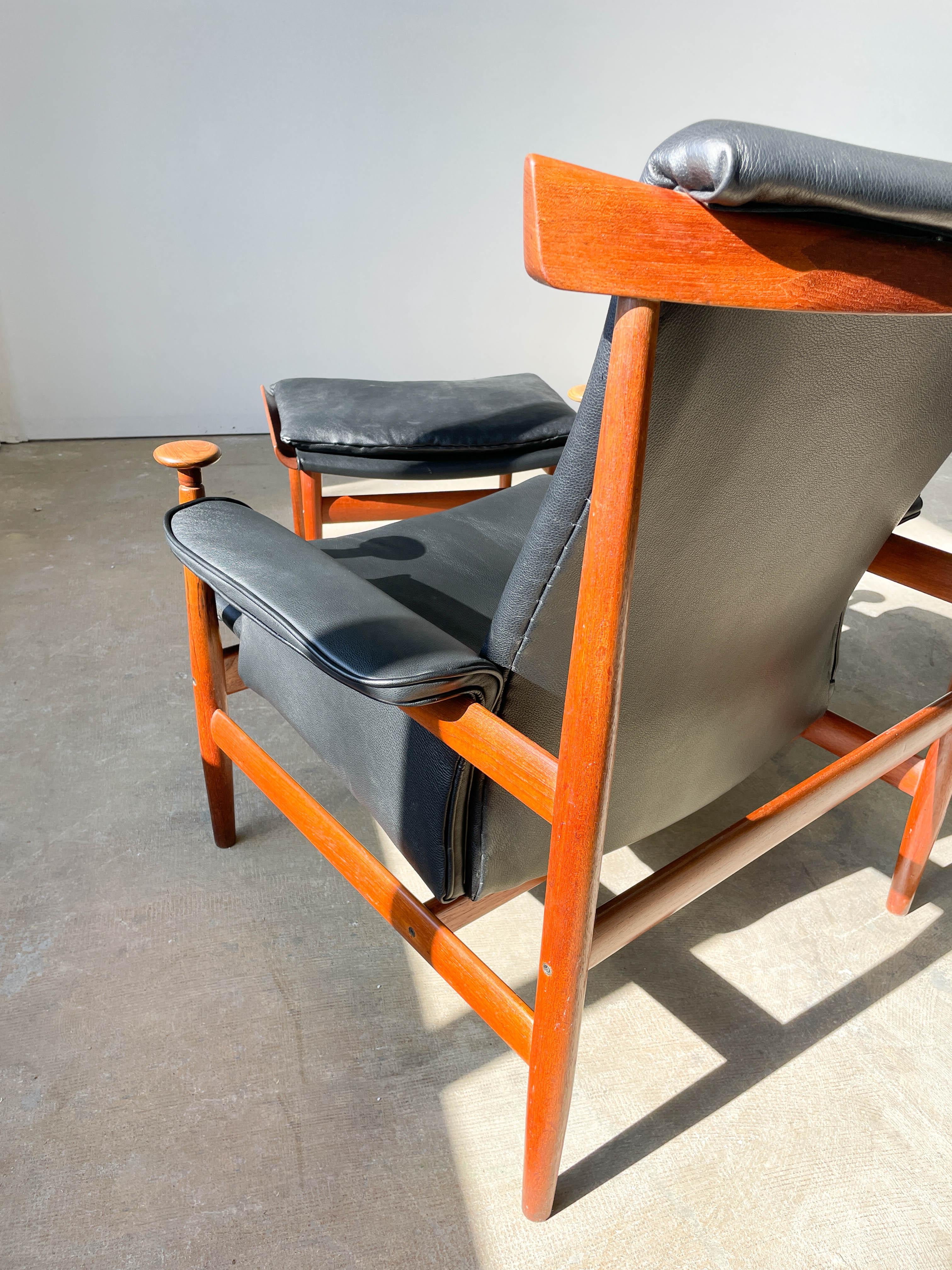 Leather Finn Juhl Teak Bwana Lounge Chair and Ottoman