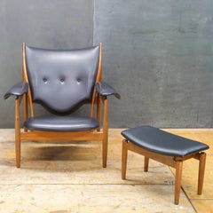 Finn Juhl Teak Chieftain Chair + Ottoman in Black Spinneybeck Leather by Baker