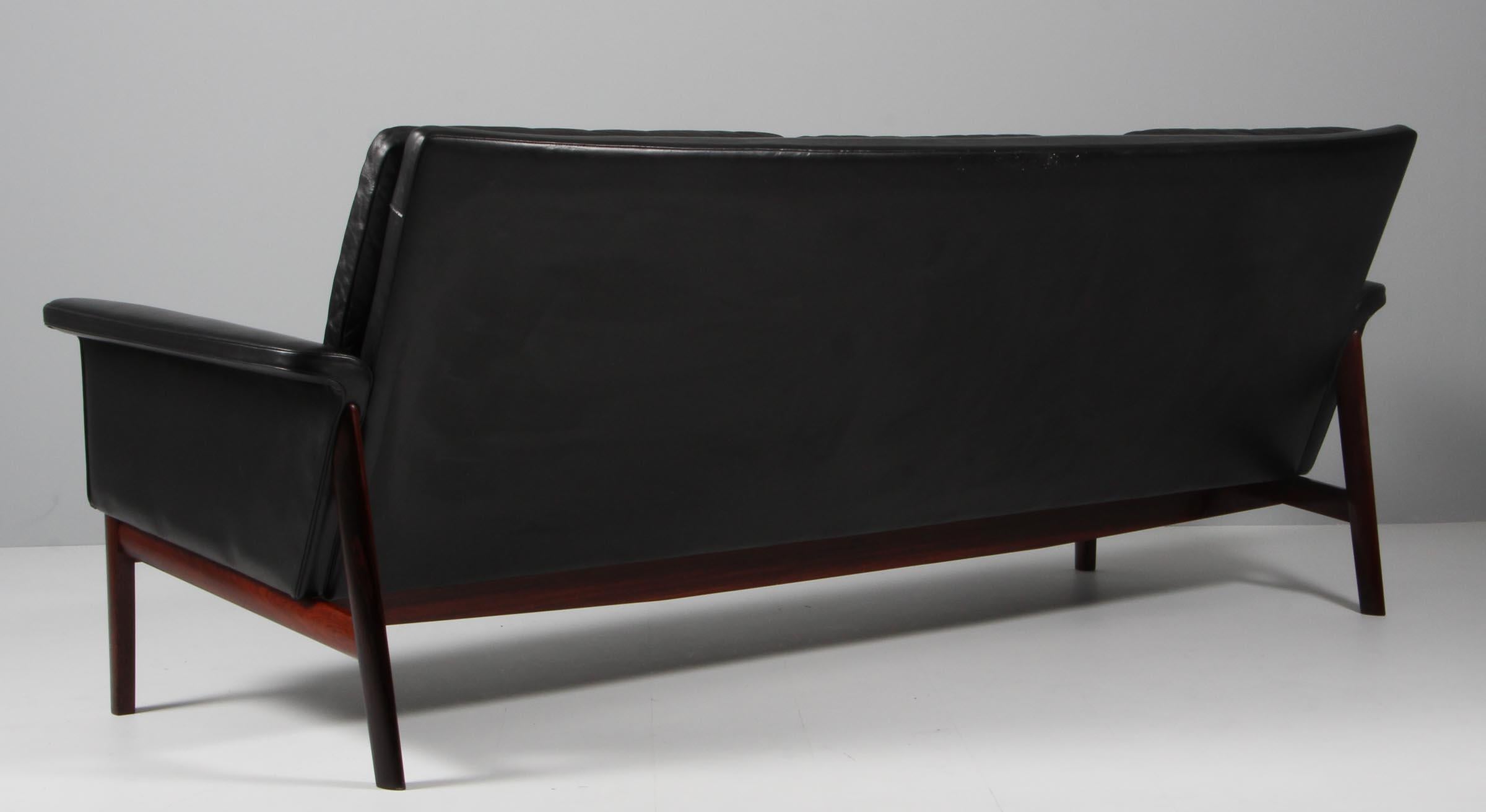 Scandinavian Modern Finn Juhl Three Seat Sofa with Original Black Leather, Model 218/3, Denmark