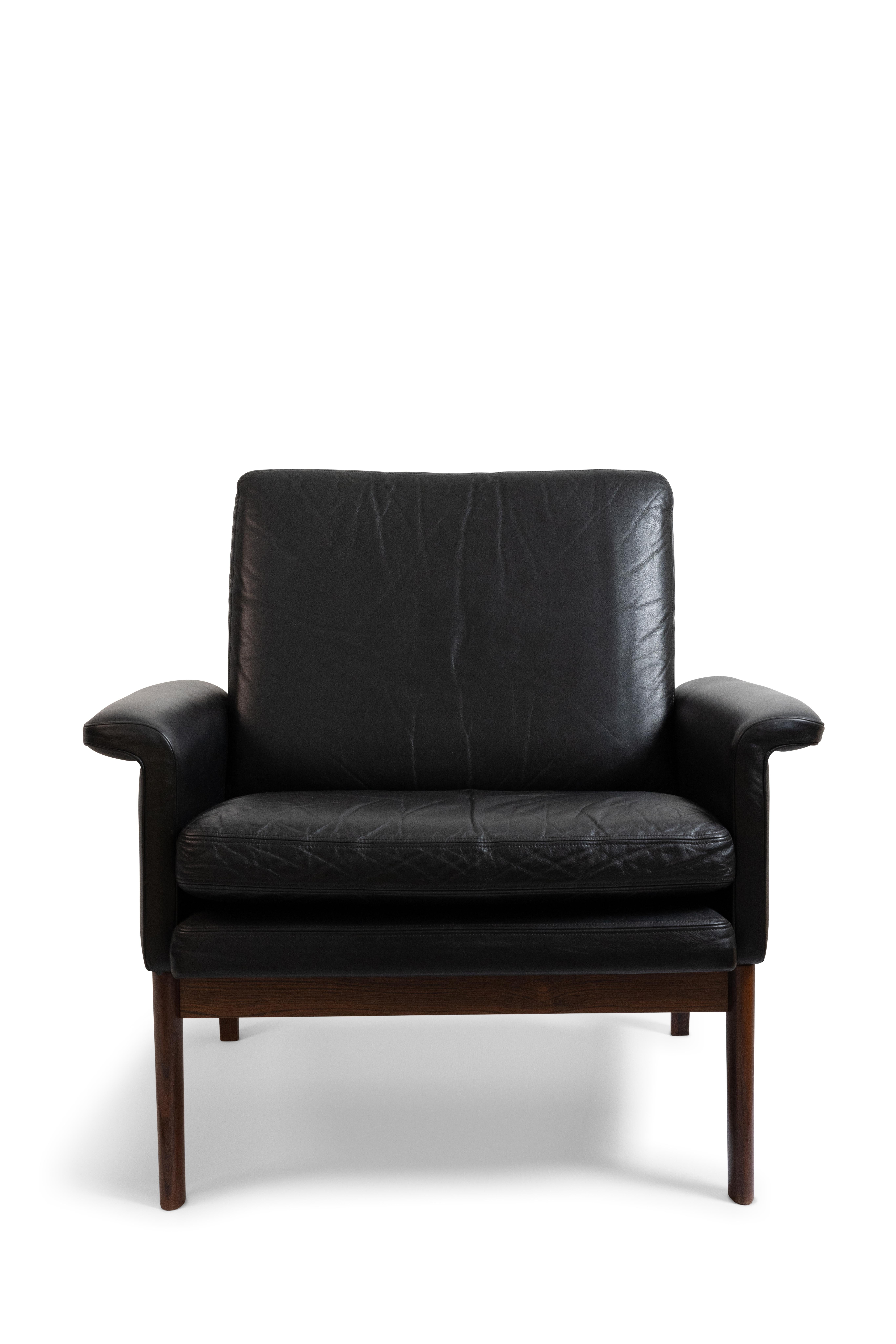 Danish Finn Juhl Three Seat Sofa with Original Black Leather, Model 218/3, Denmark For Sale