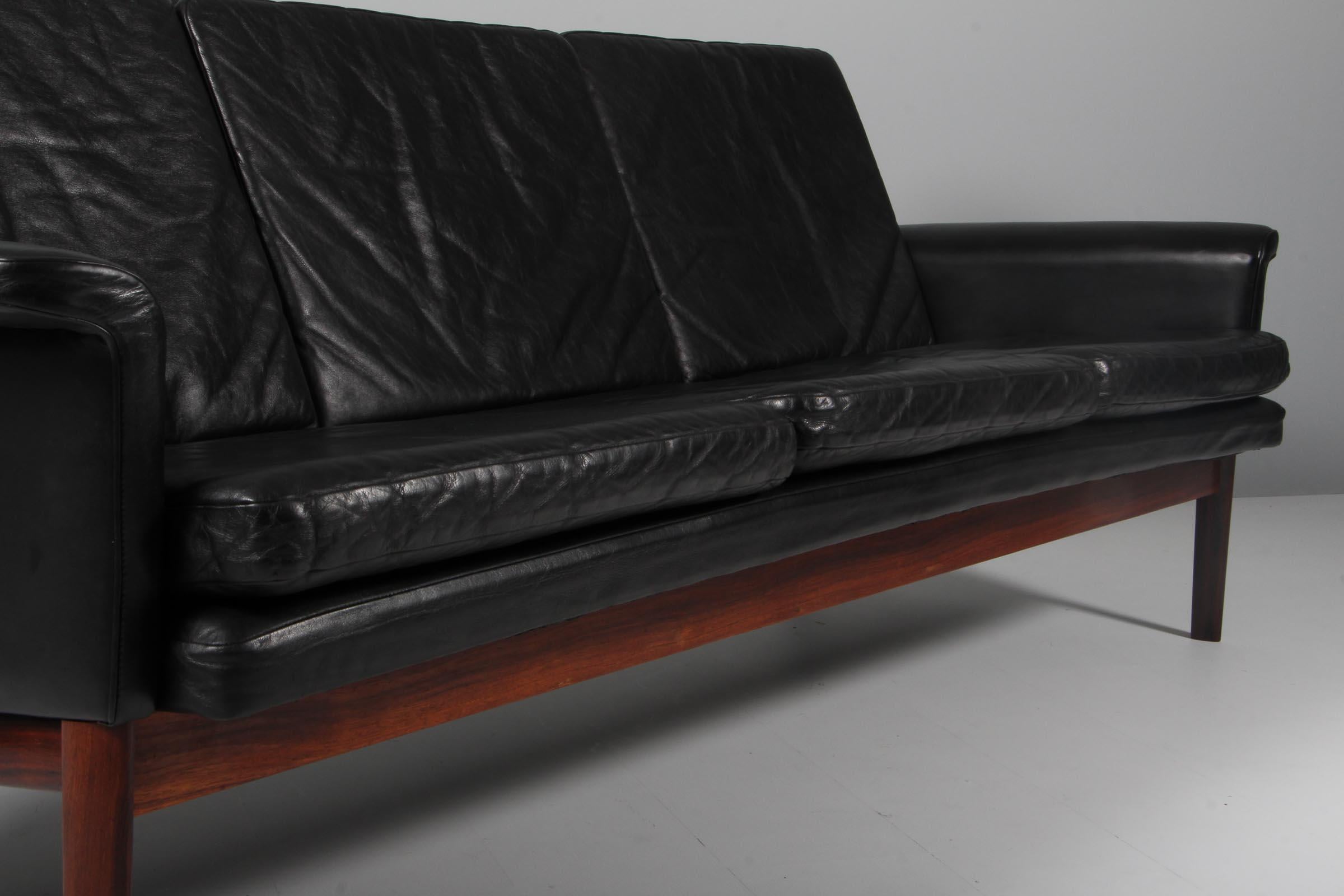 Mid-20th Century Finn Juhl Three Seat Sofa with Original Black Leather, Model 218/3, Denmark