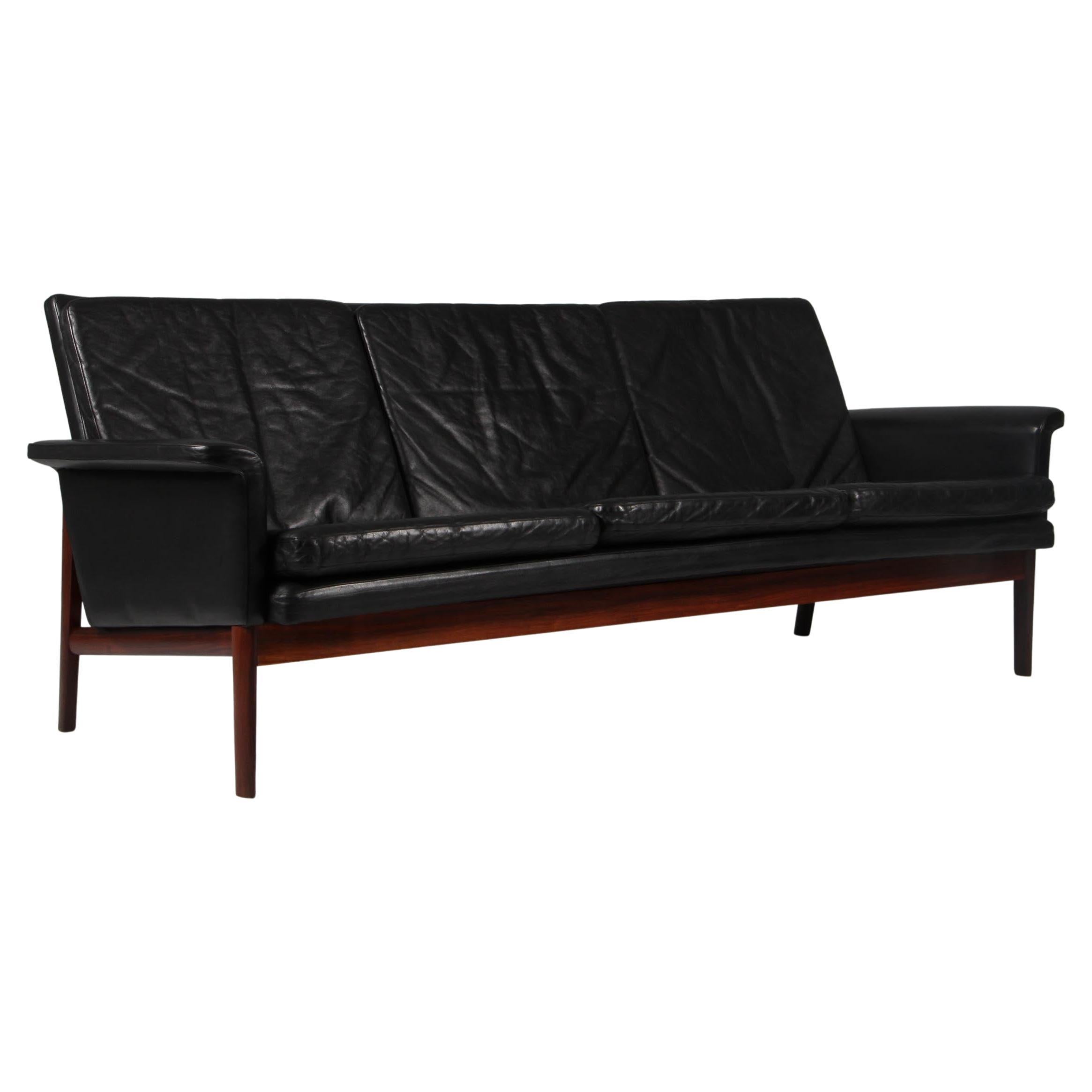 Finn Juhl Three Seat Sofa with Original Black Leather, Model 218/3, Denmark