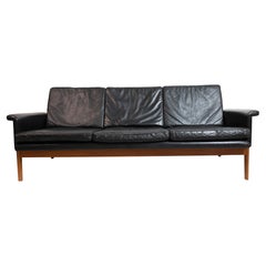 Finn Juhl Three Seat Sofa with Original Black Leather, Model 218/3, Denmark