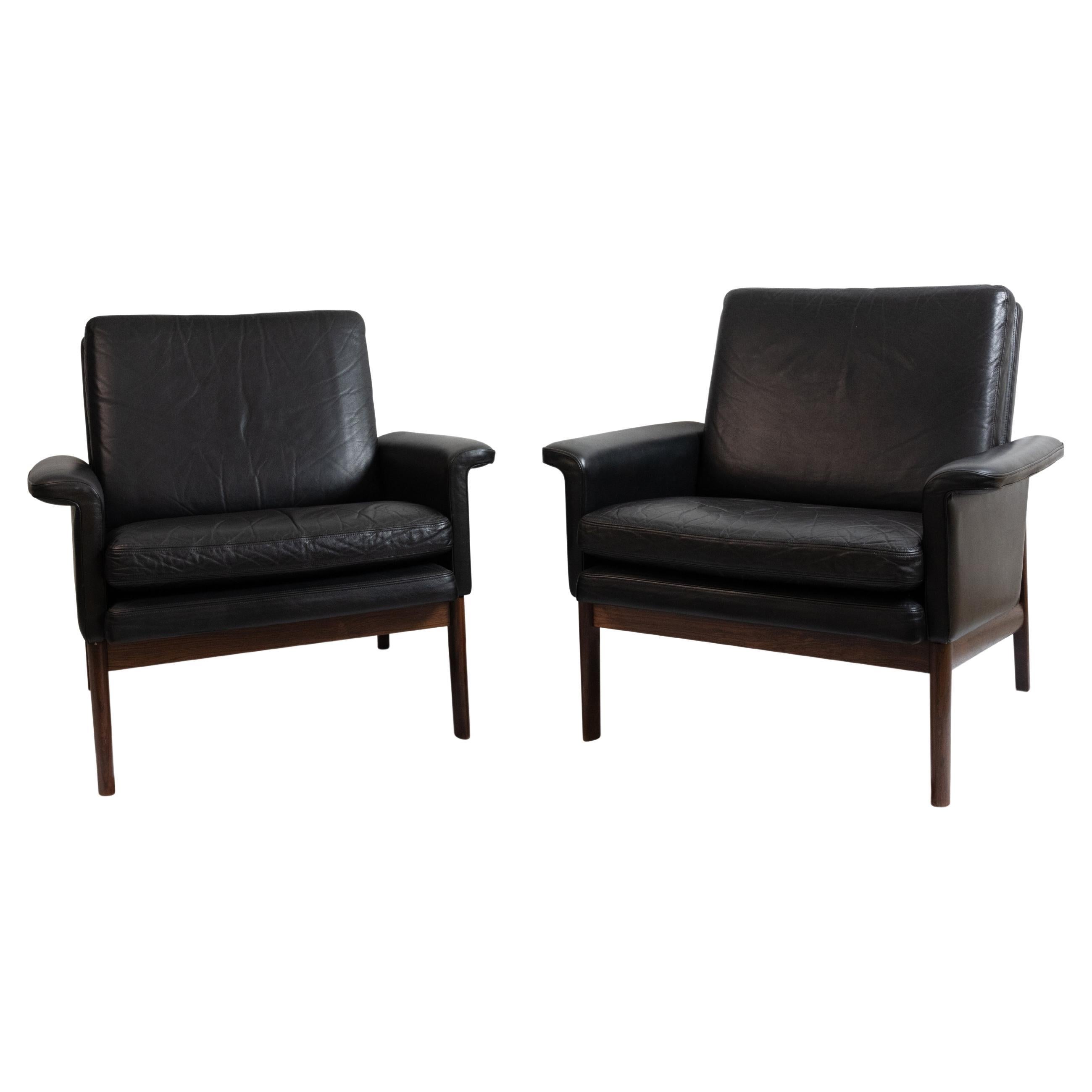 Finn Juhl pair of lounge chairswith Original Black Leather, Model 218, Denmark