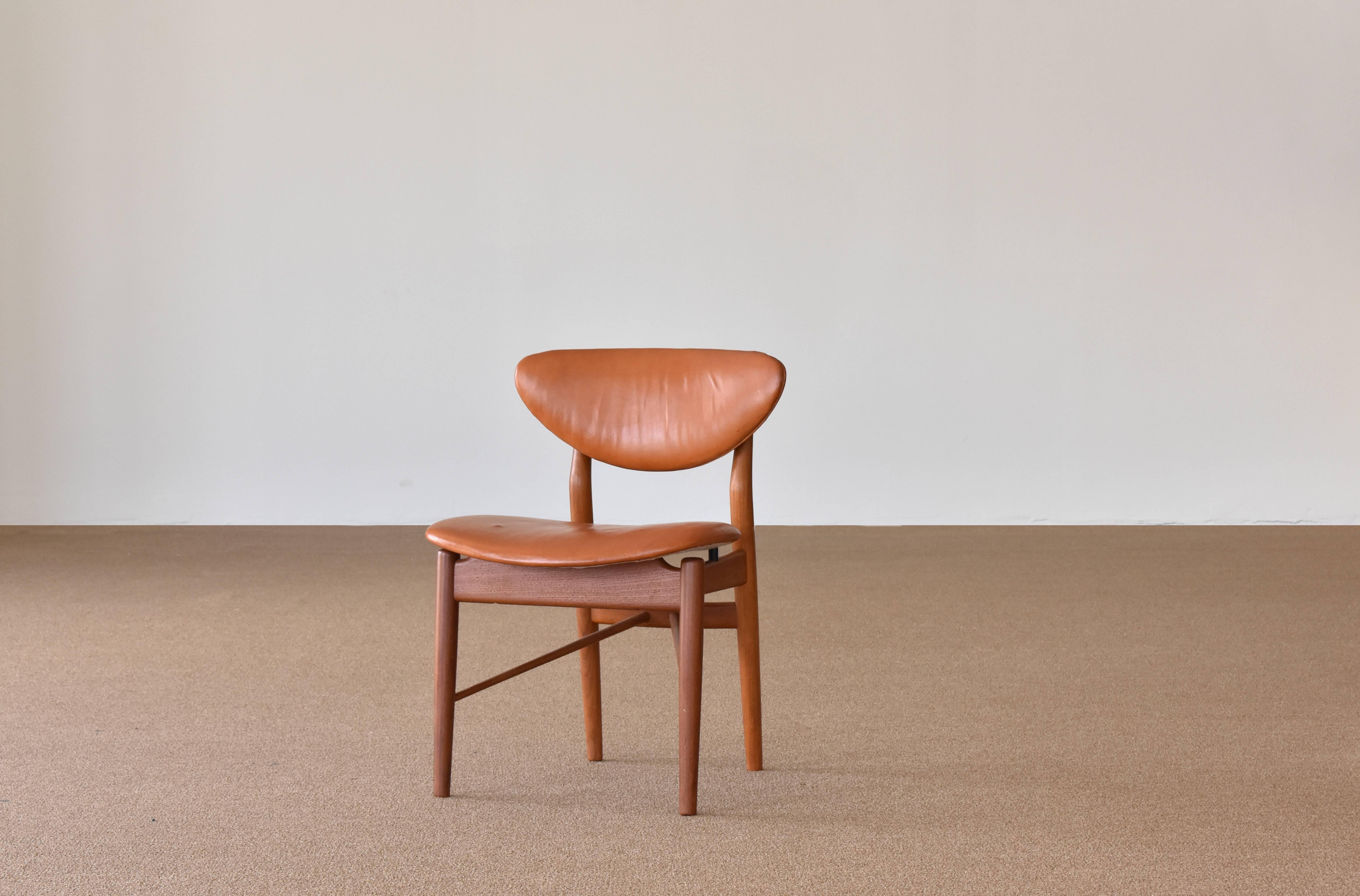 Scandinavian Modern Finn Juhl, 6 NV-55 Dining Chairs, Teak, Brown Leather, Niels Vodder, 1955 Danish