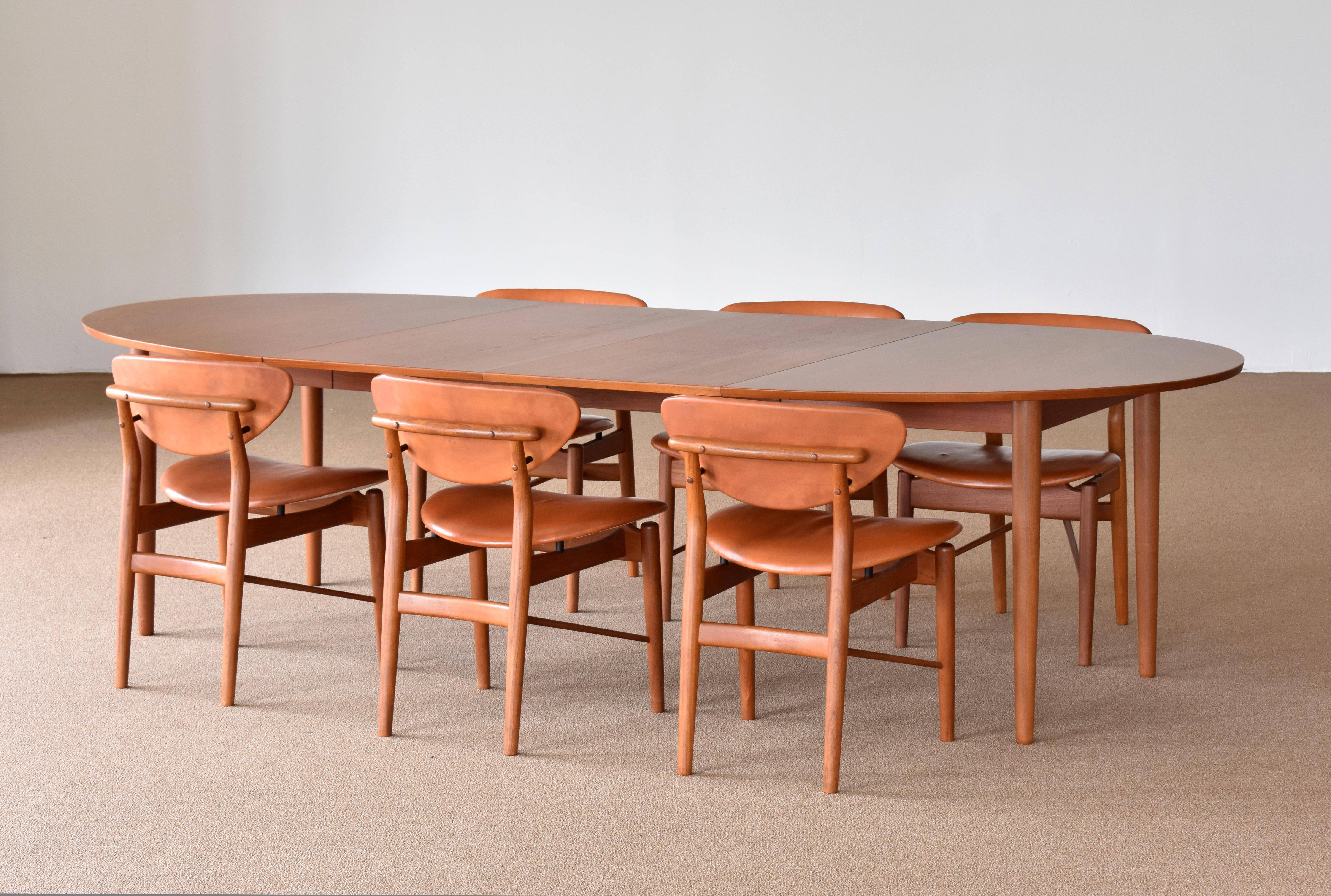 Mid-20th Century Finn Juhl, 6 NV-55 Dining Chairs, Teak, Brown Leather, Niels Vodder, 1955 Danish