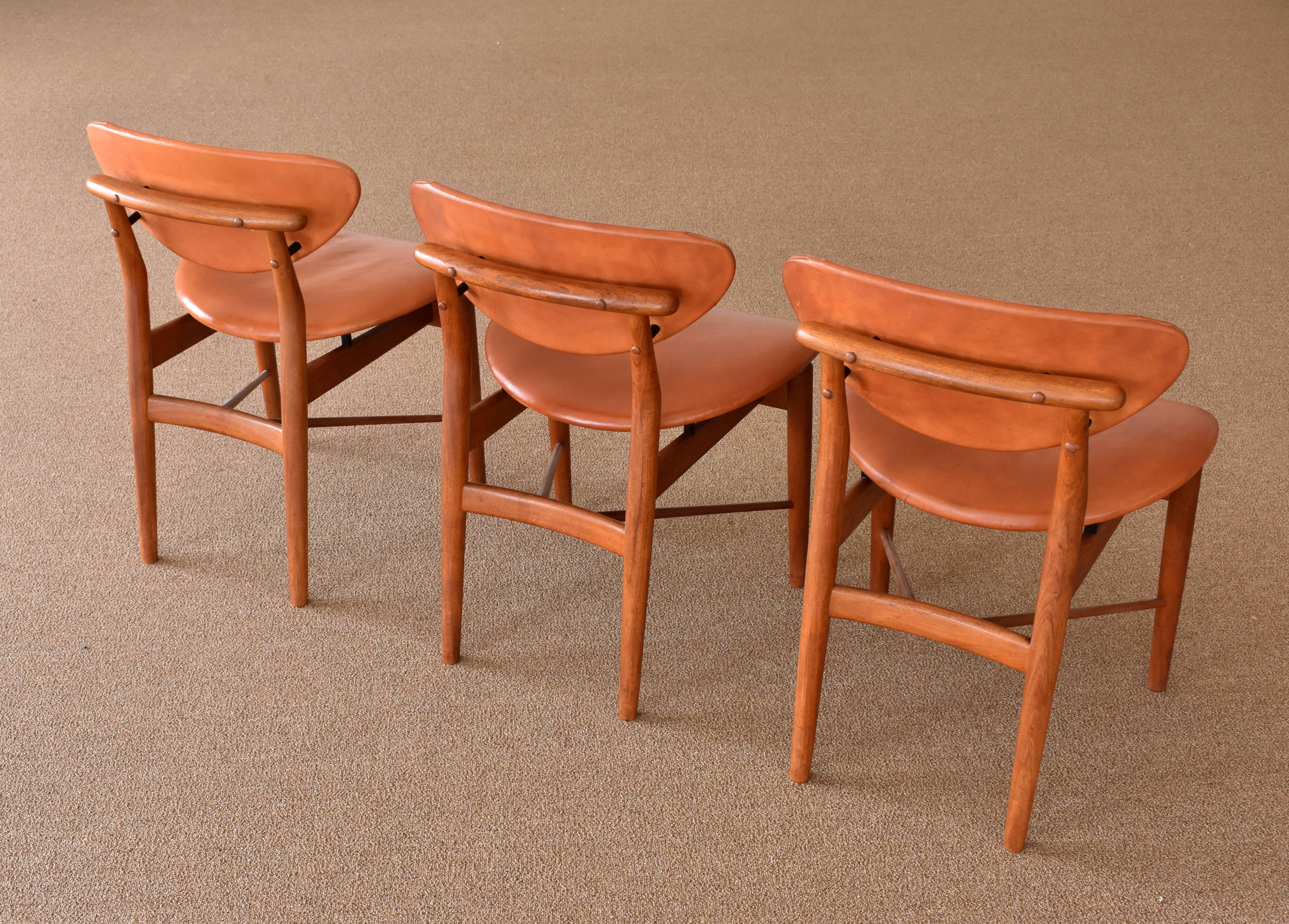 Finn Juhl, 6 NV-55 Dining Chairs, Teak, Brown Leather, Niels Vodder, 1955 Danish 1