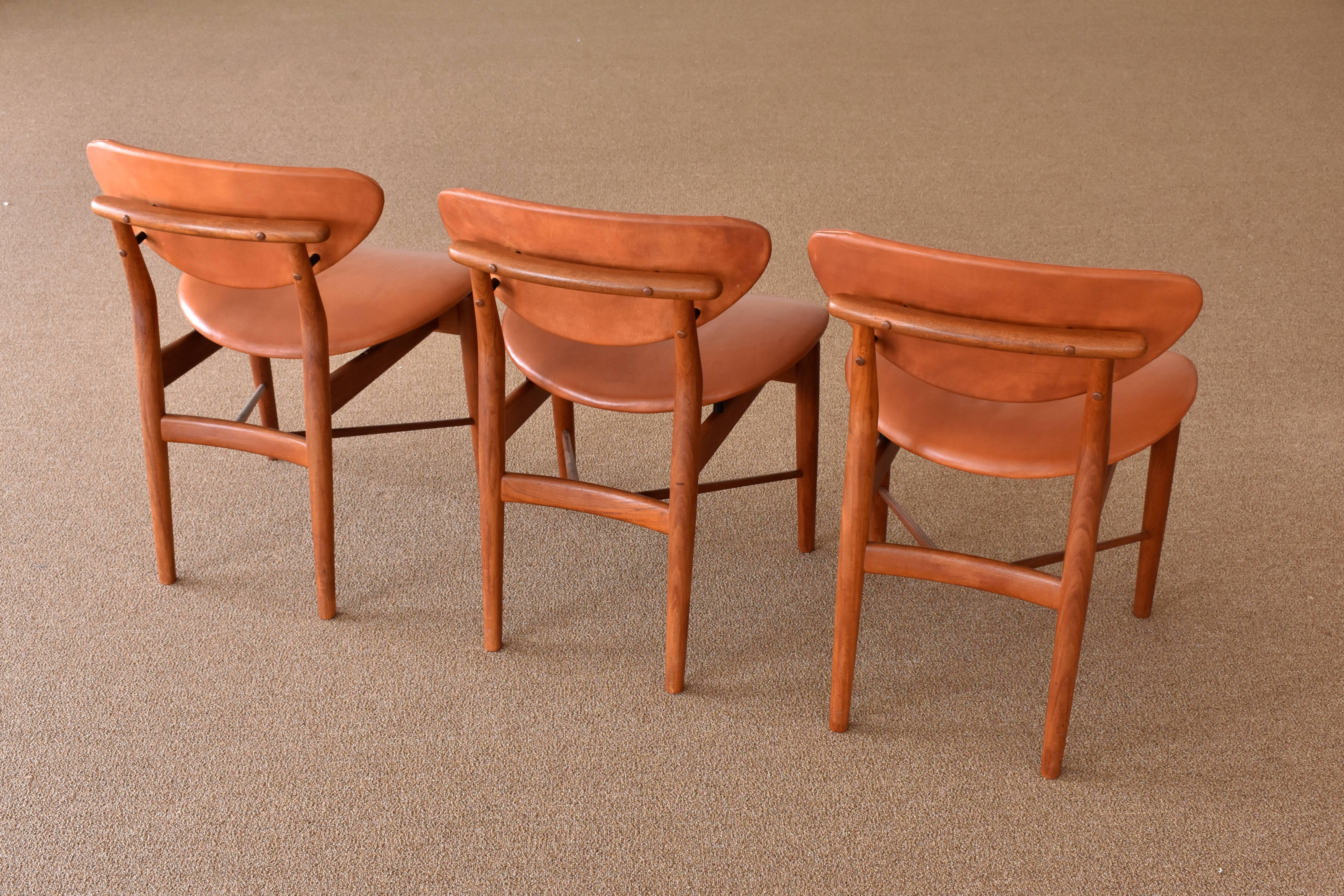 Finn Juhl, 6 NV-55 Dining Chairs, Teak, Brown Leather, Niels Vodder, 1955 Danish 3