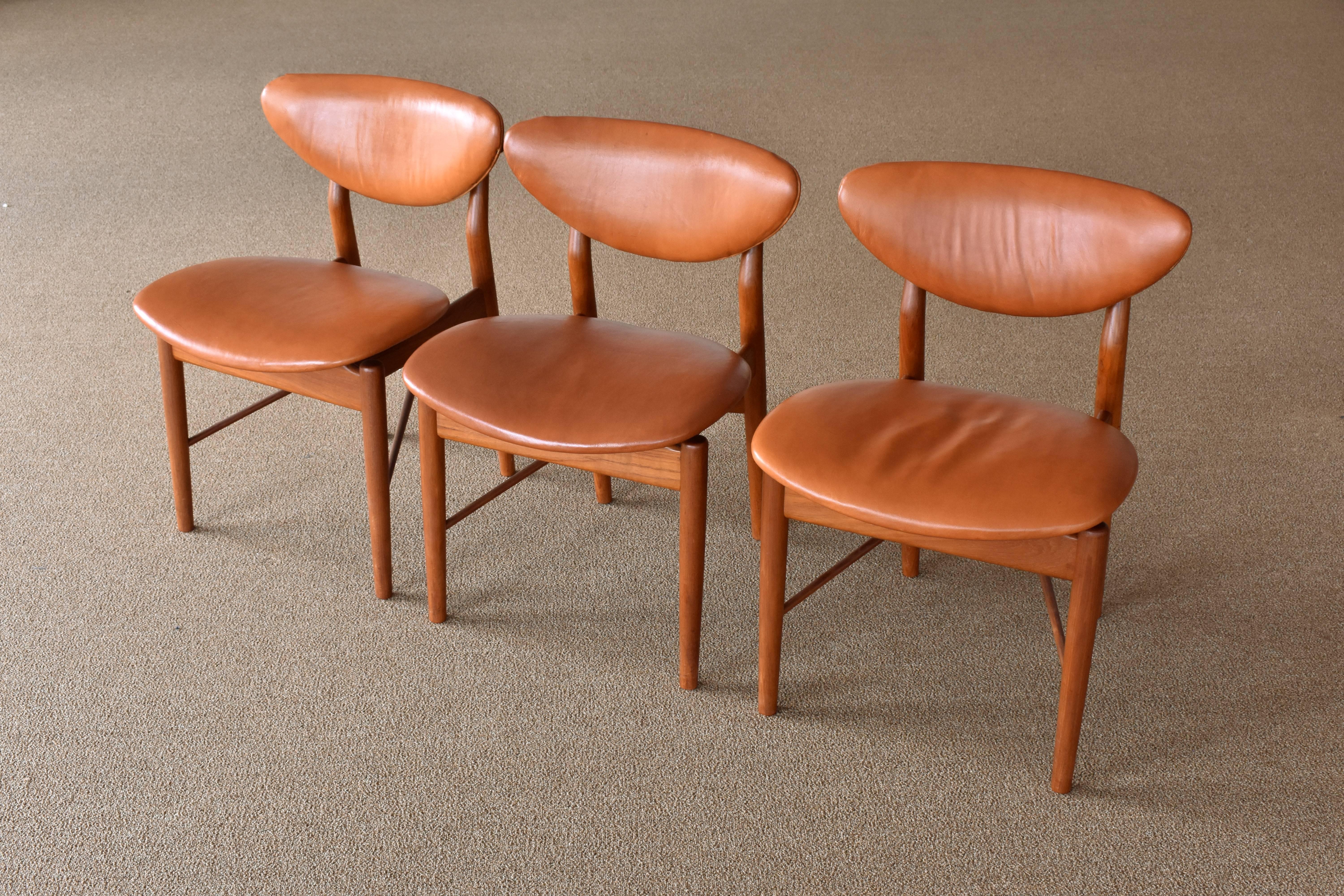 Finn Juhl, 6 NV-55 Dining Chairs, Teak, Brown Leather, Niels Vodder, 1955 Danish 4
