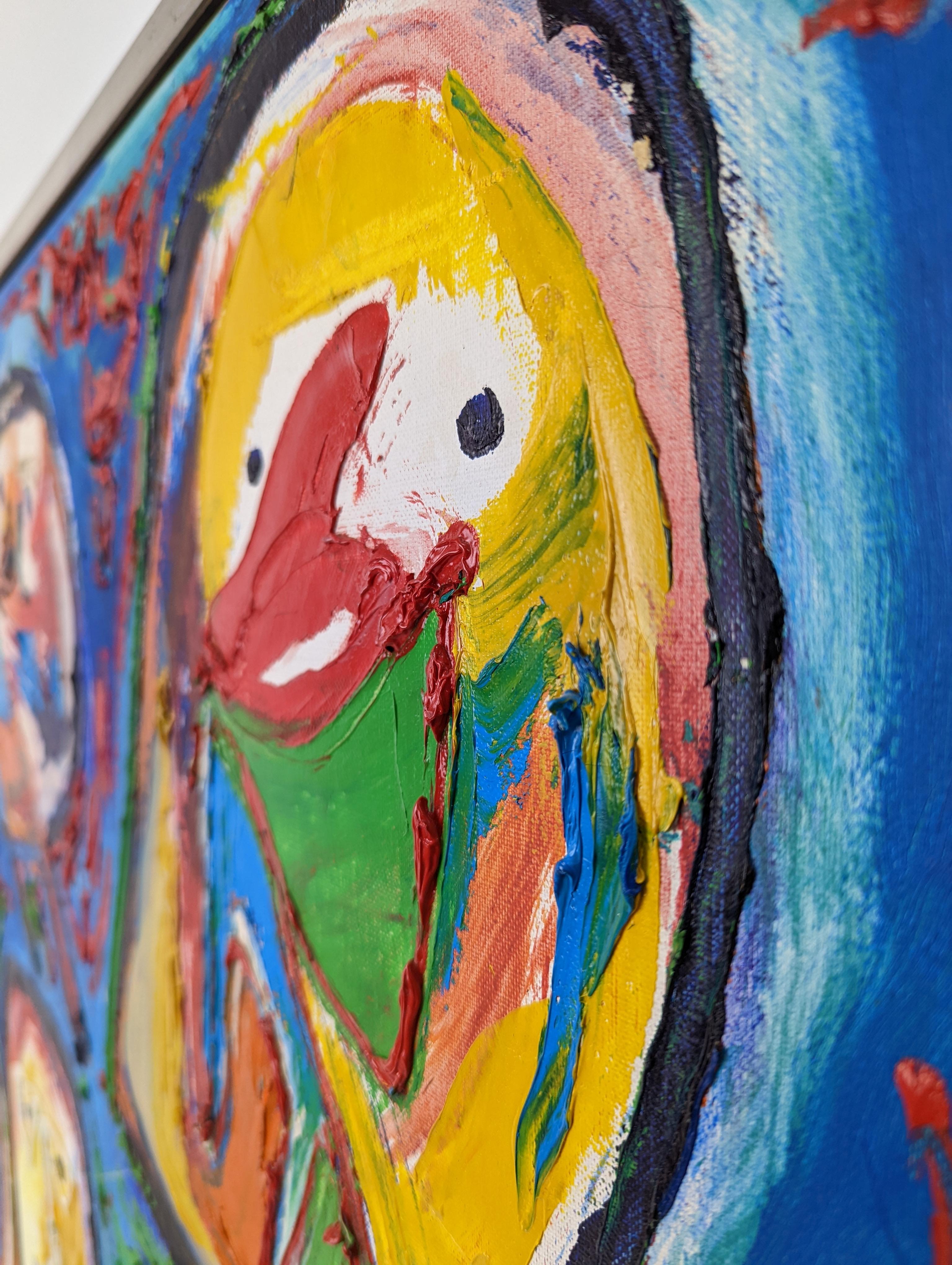 Finn Pedersen oil painting on canvas showcases the vibrant dynamism characteristic of the Danish artist's work. Executed with intense energy, this large scale composition exemplifies the legacy of the CoBrA movement. The surface reveals a thick