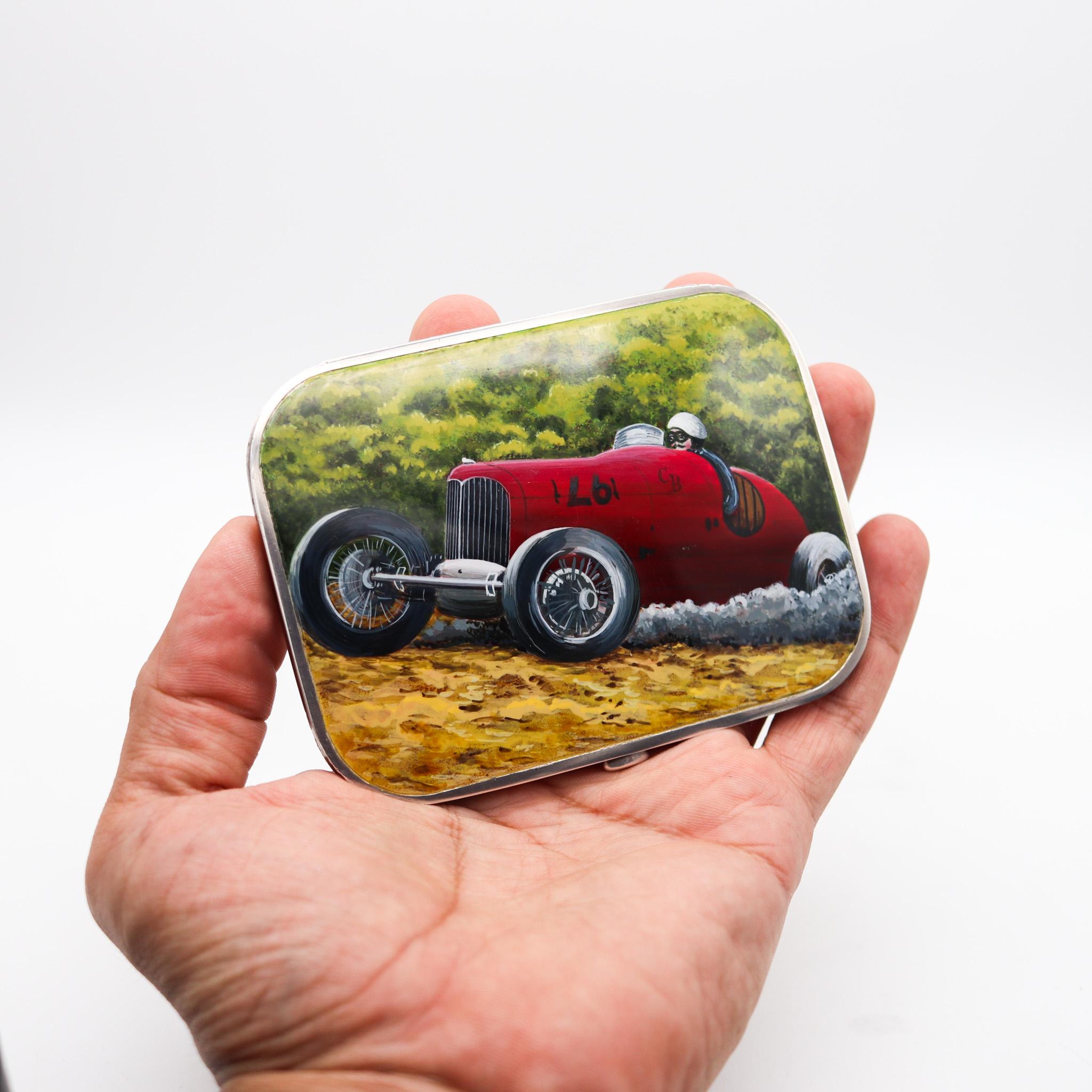 Finnigans 1932 London Art Deco Enamel Case Box With Racing Car In .925 Sterling  For Sale 3