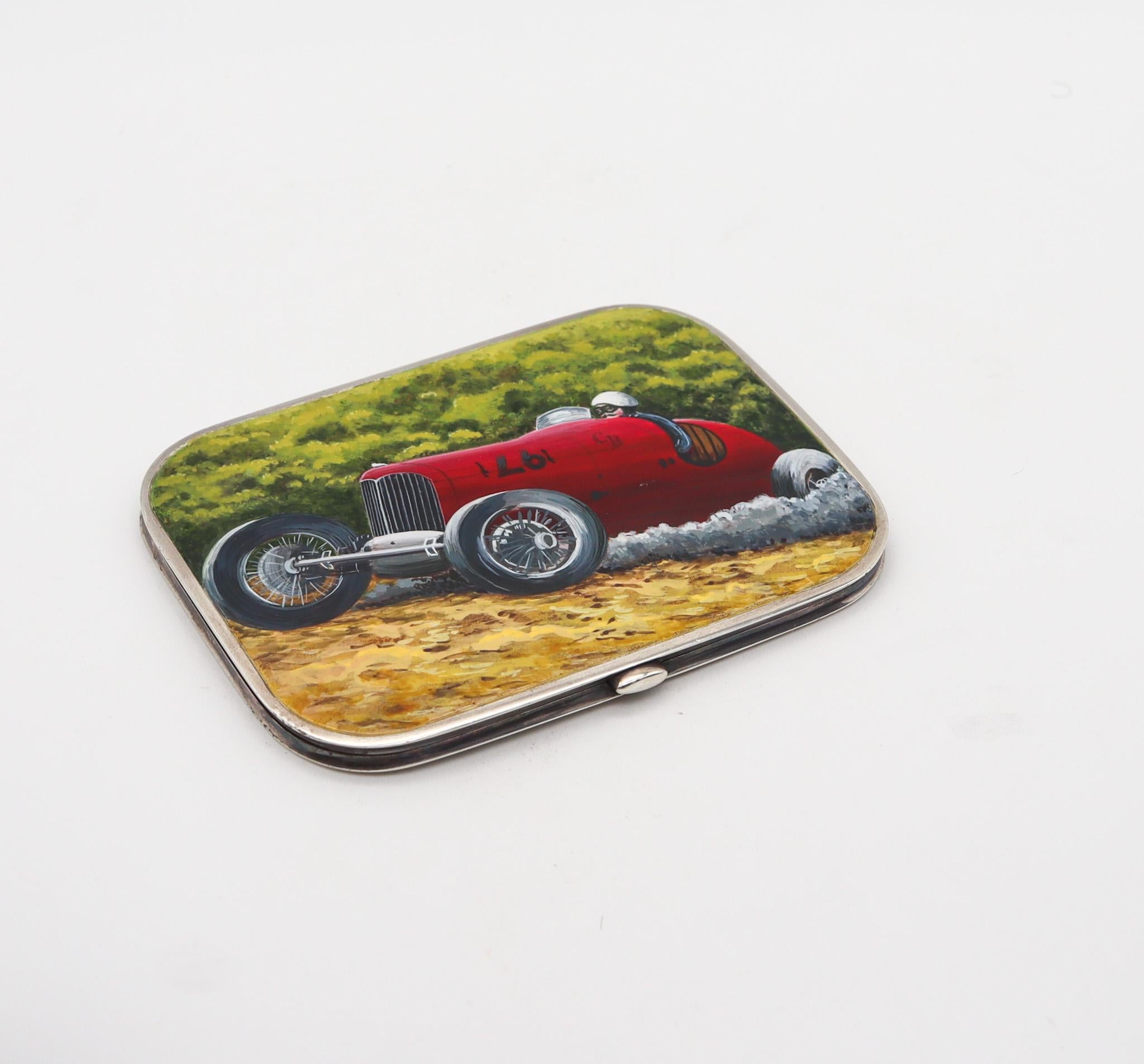 English Finnigans 1932 London Art Deco Enamel Case Box With Racing Car In .925 Sterling  For Sale