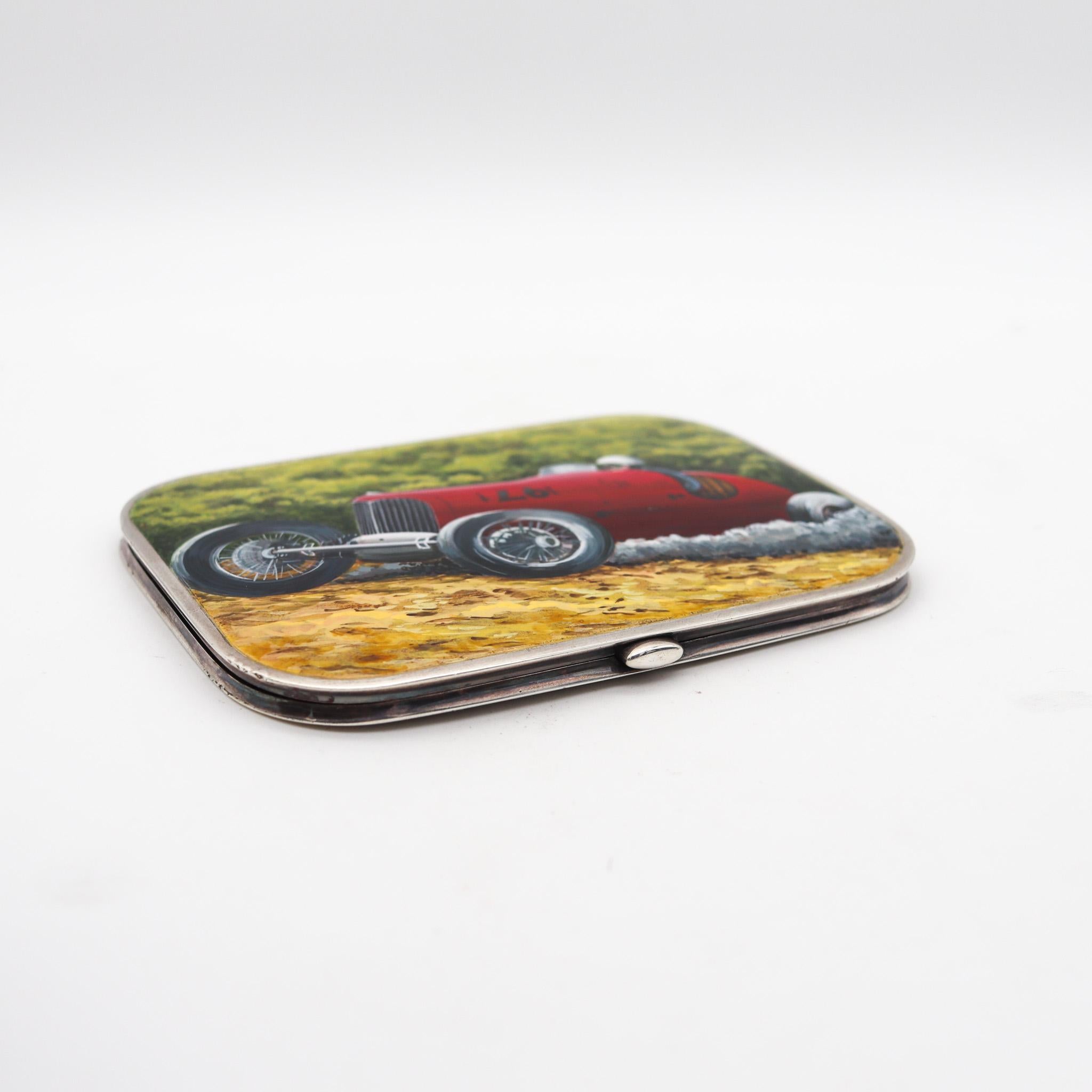 Enameled Finnigans 1932 London Art Deco Enamel Case Box With Racing Car In .925 Sterling  For Sale