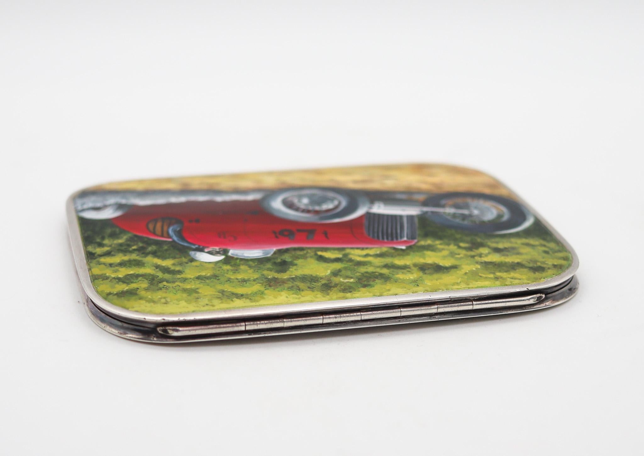 Finnigans 1932 London Art Deco Enamel Case Box With Racing Car In .925 Sterling  In Excellent Condition For Sale In Miami, FL
