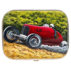Vintage Finnigans 1932 London Art Deco Enamel Case Box With Racing Car In .925 Sterling 