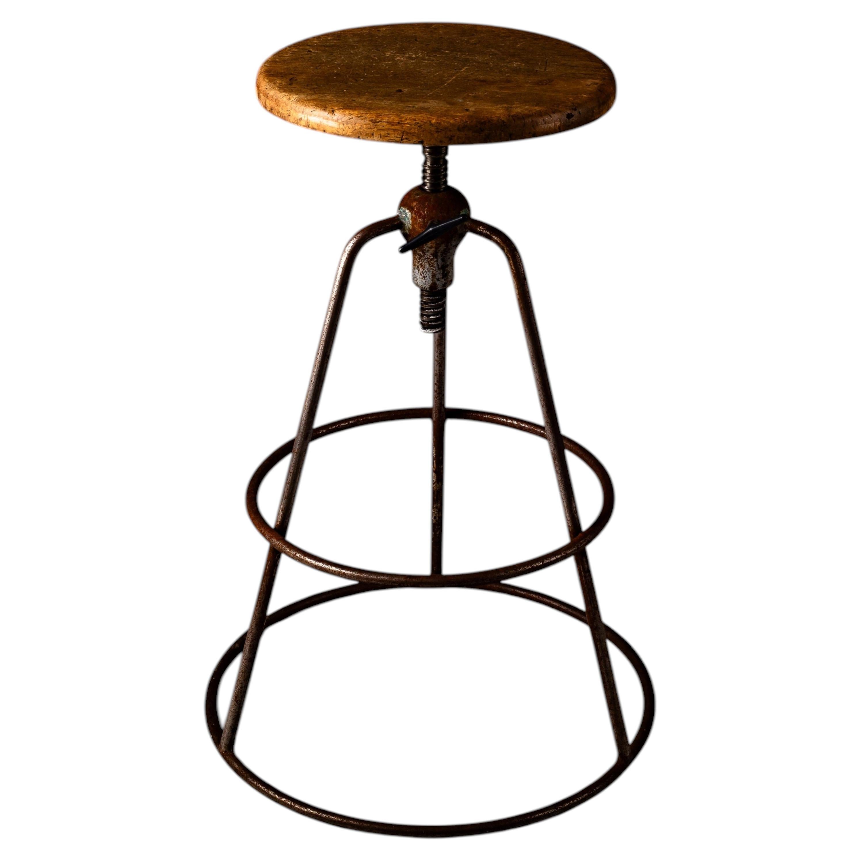 1930s Finnish Industrial Adjustable Swivel Stool, Metal & Wood Design