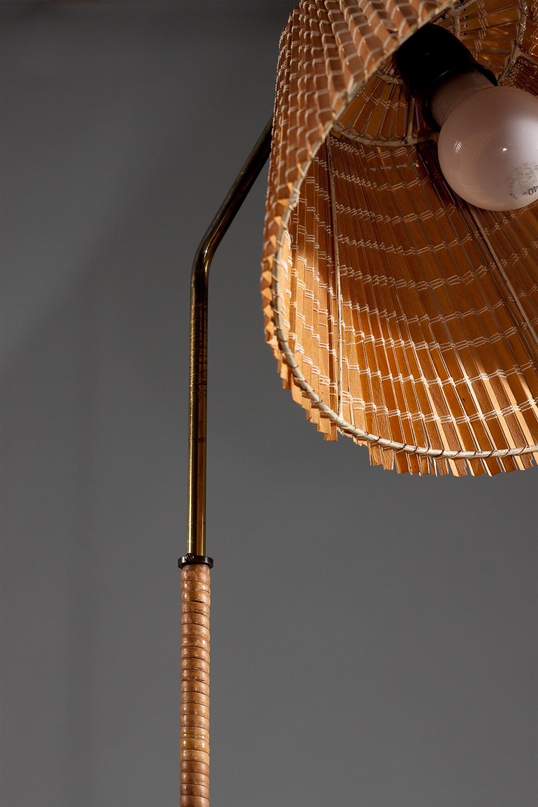 Finnish 1950's brass floor lamp with wrapped rattan stem and wooden slat shade 9