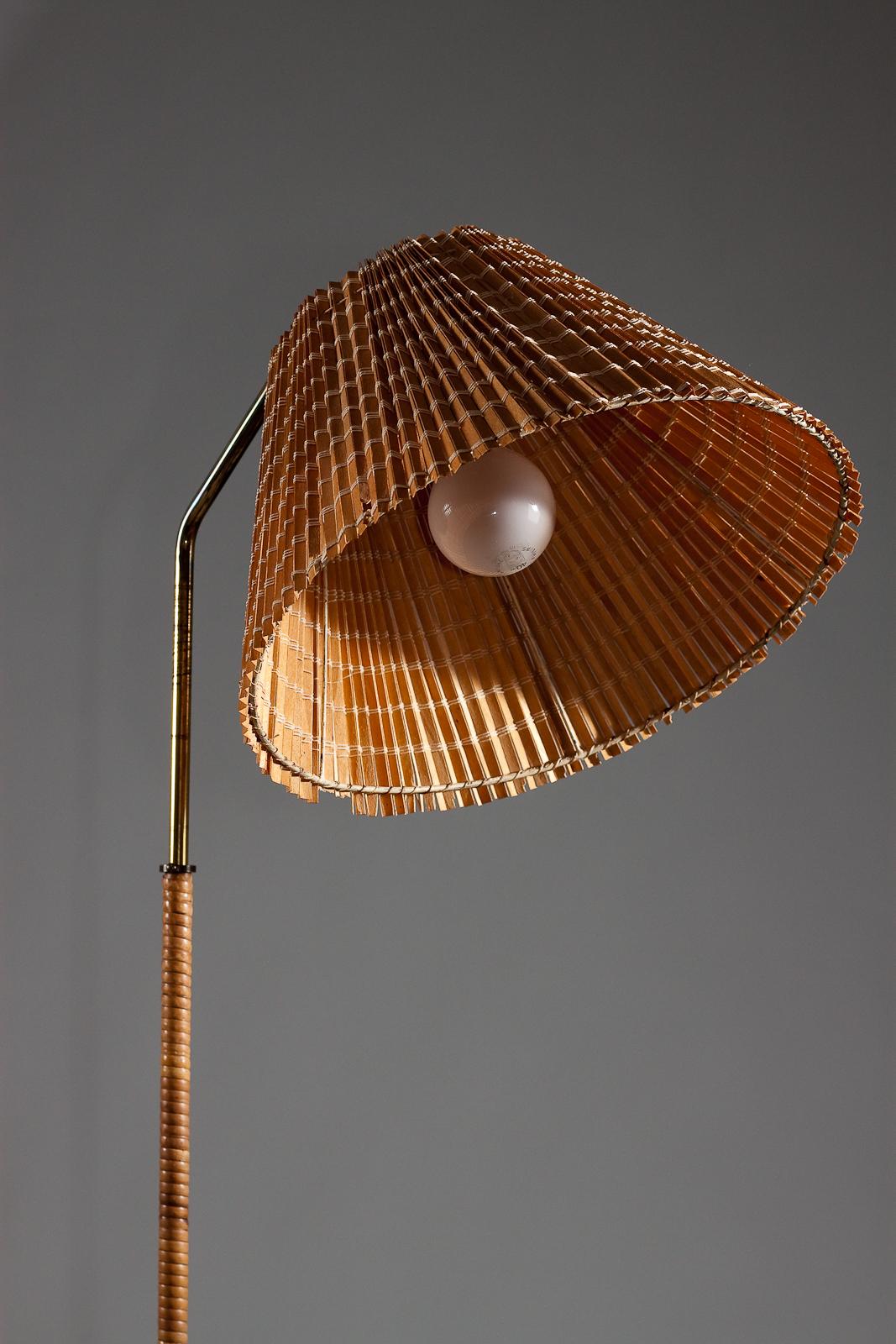 Finnish 1950's brass floor lamp with wrapped rattan stem and wooden slat shade 10