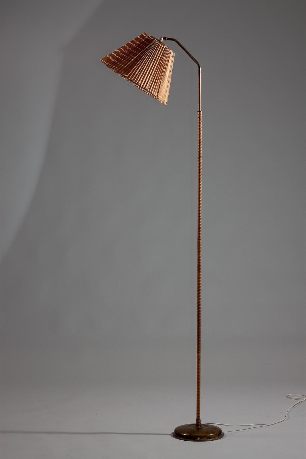 Finnish 1950's brass floor lamp with wrapped rattan stem and wooden slat shade 11
