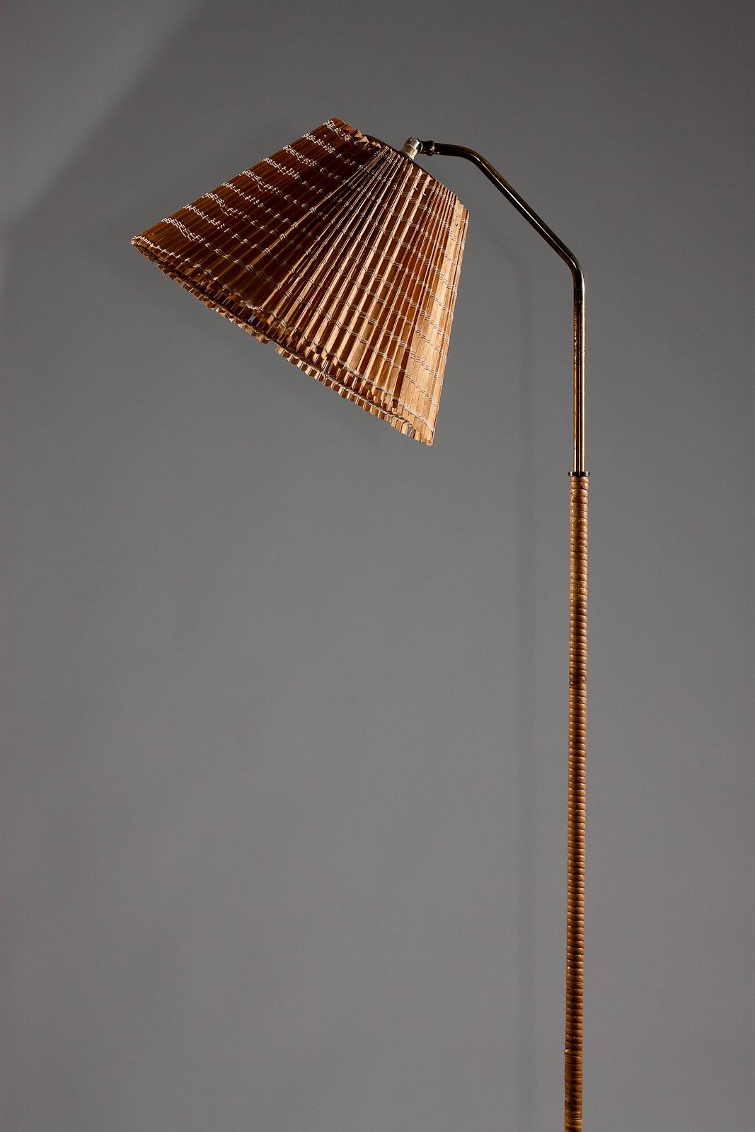 Finnish 1950's brass floor lamp with wrapped rattan stem and wooden slat shade 12
