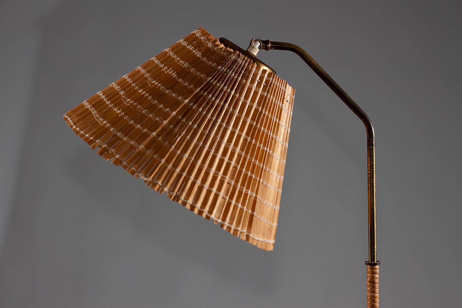 Finnish 1950's brass floor lamp with wrapped rattan stem and wooden slat shade 13