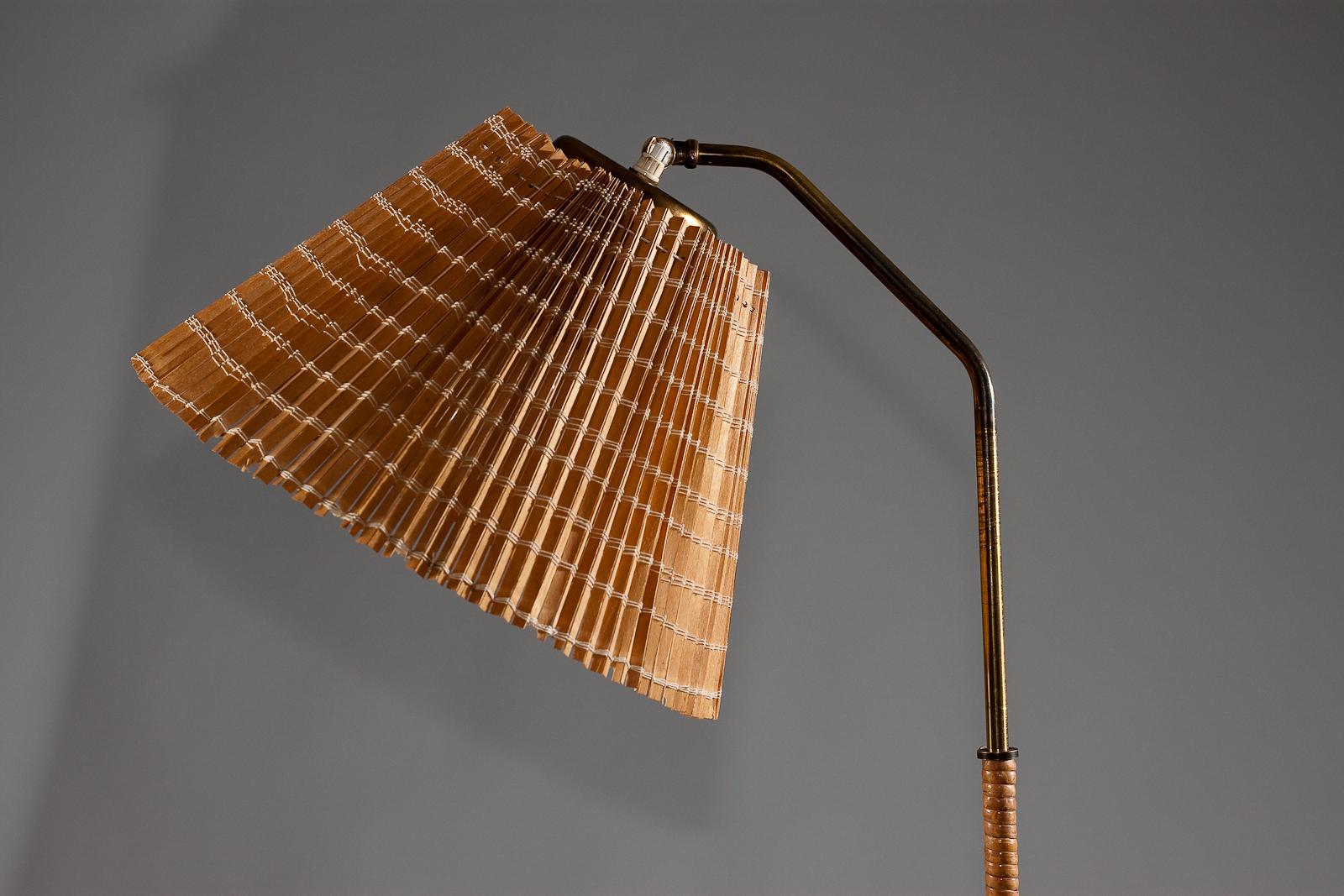 Rattan Finnish 1950's brass floor lamp with wrapped rattan stem and wooden slat shade