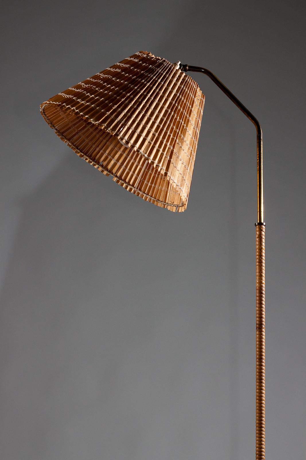 Finnish 1950's brass floor lamp with wrapped rattan stem and wooden slat shade 1