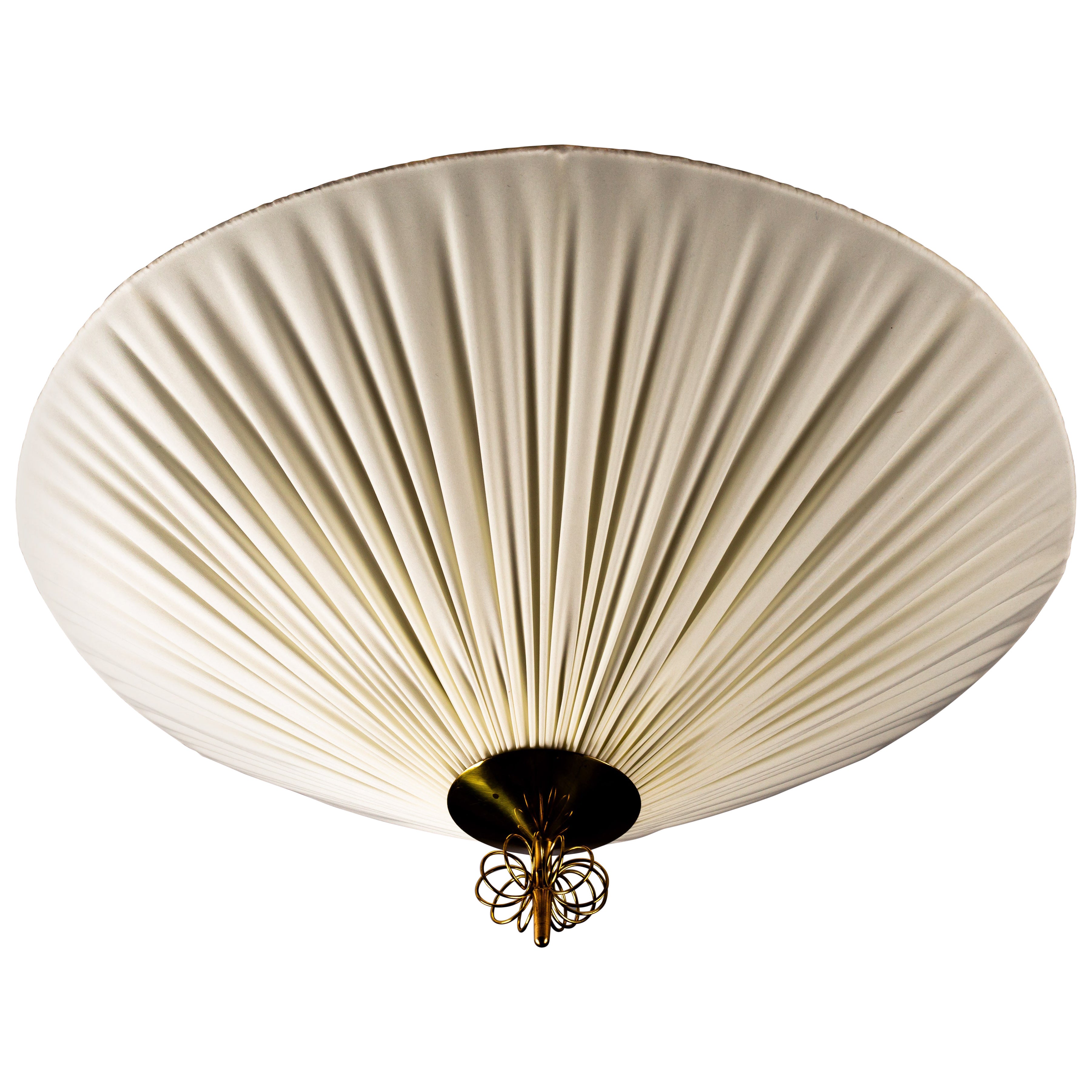 Mid-Century Modern Flush Mount Light, Fabric & Brass, Finland, 1950s