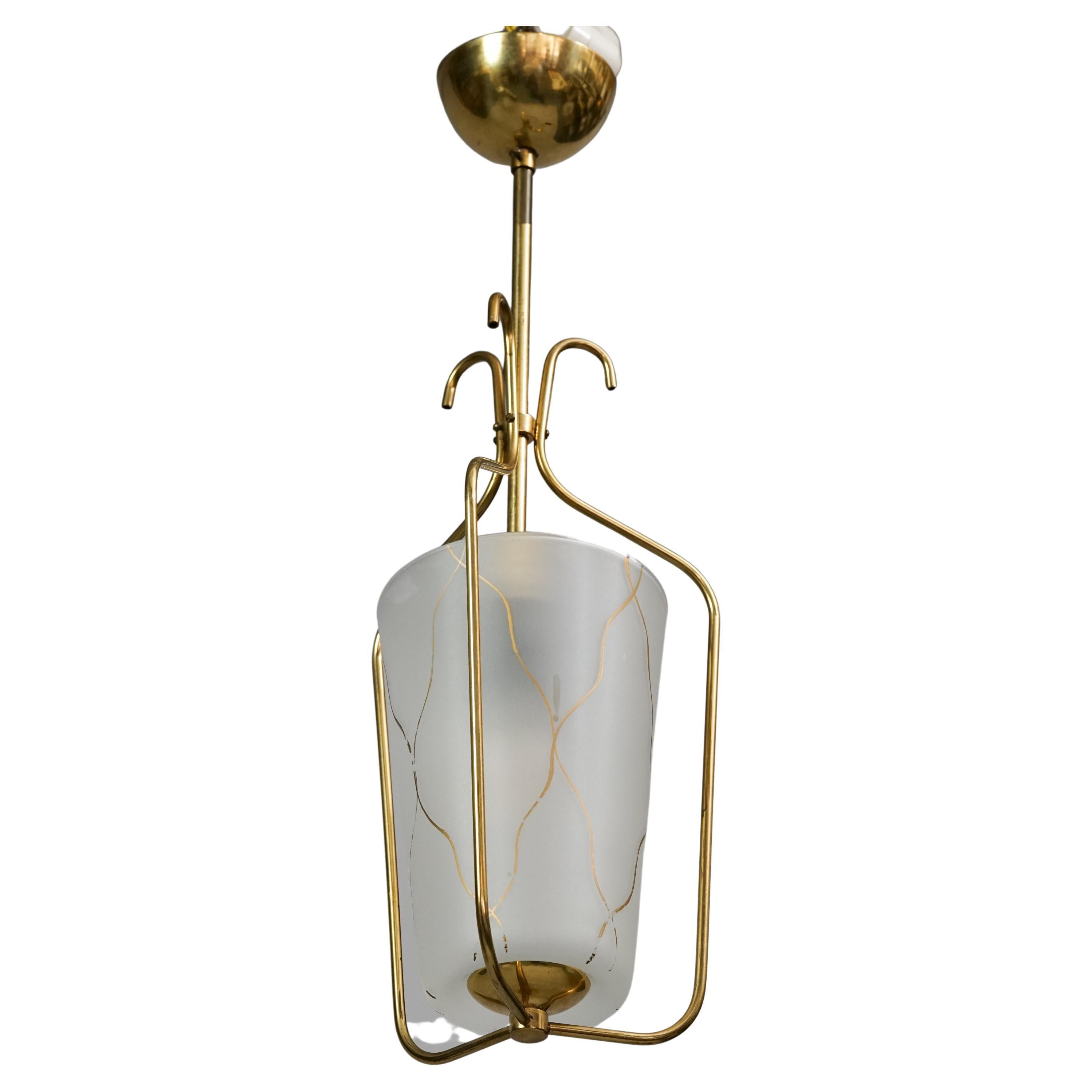 Finnish 1950s pendant with hand painted glass shade, brass frame. Good vintage condition, minor wear consistent with age and use. Beautiful and delicate design.