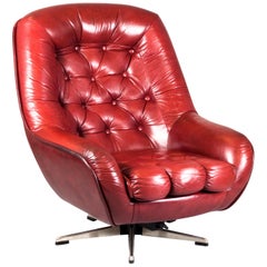 Vintage Finnish 1960s-1970s Red 'Wine' Leather Swivel Lounge Chair