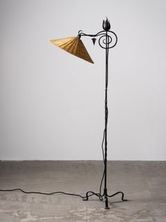 Finnish Art Deco Wrought Iron Floor Lamp with Rattan Shade, 1930s