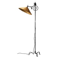 Finnish Art Deco Wrought Iron Floor Lamp with Rattan Shade, 1930s